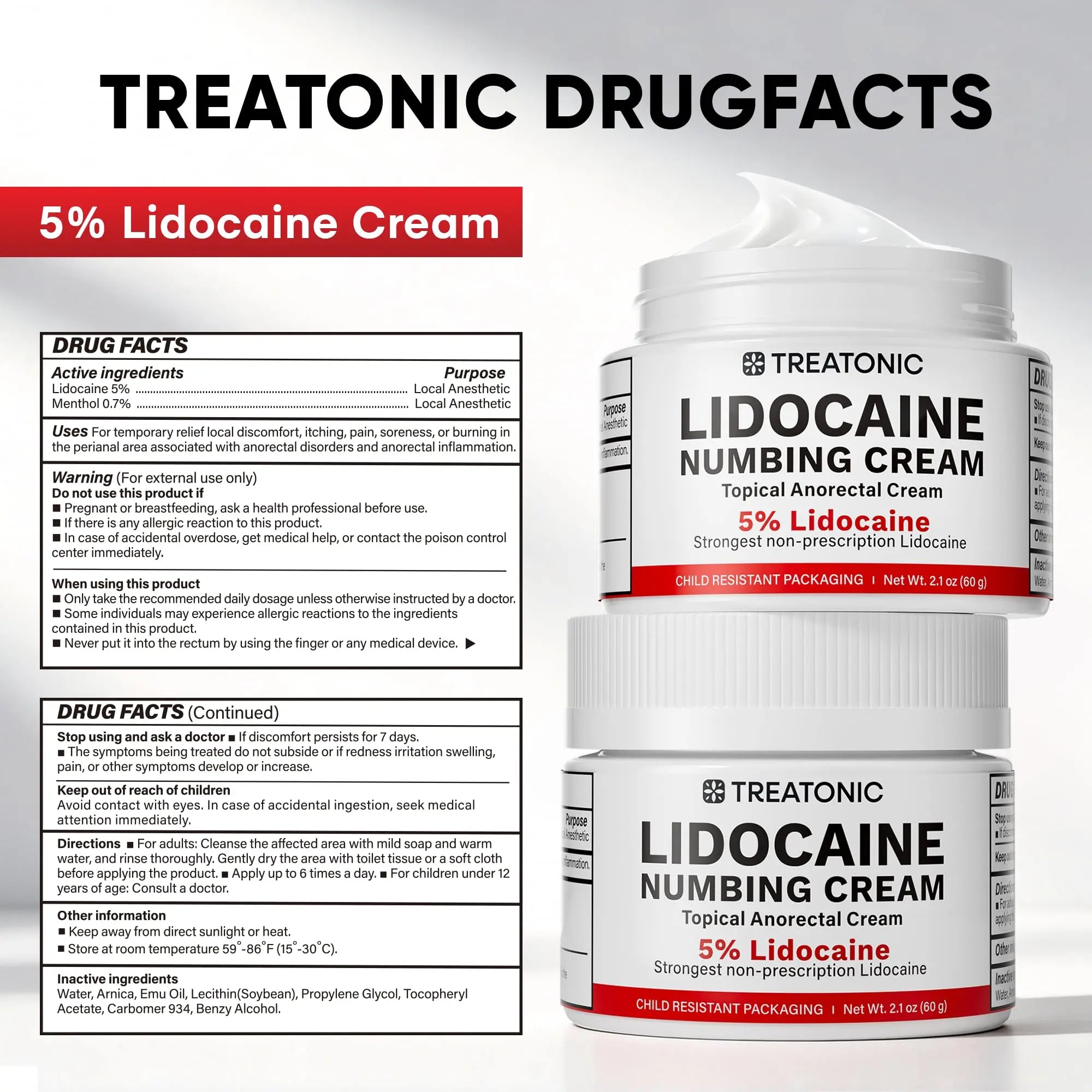 5% Lidocaine Topical Numbing Cream: Maximum Strength Topical Anesthetic Numb Cream for Pain Relief, Itching, Burning, Soreness, Hemorrhoid - Fast Acting & Long Lasting Numbing Formulation - 2.1 oz Treatonic uk supplements