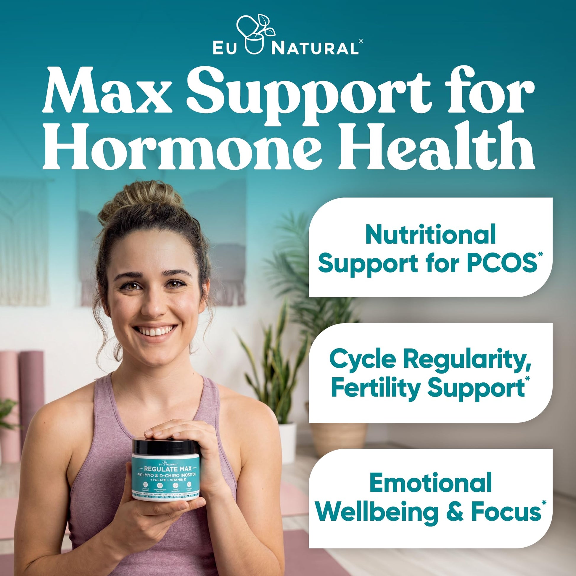 Eu Natural Regulate MAX Myo-Inositol & D-Chiro Inositol Supplement Powder for Women with Vitamin D & Folate Nutritional Support, Hormone Balance & Fertility Support, Unflavored 60 Servings Eu Natural uk supplements