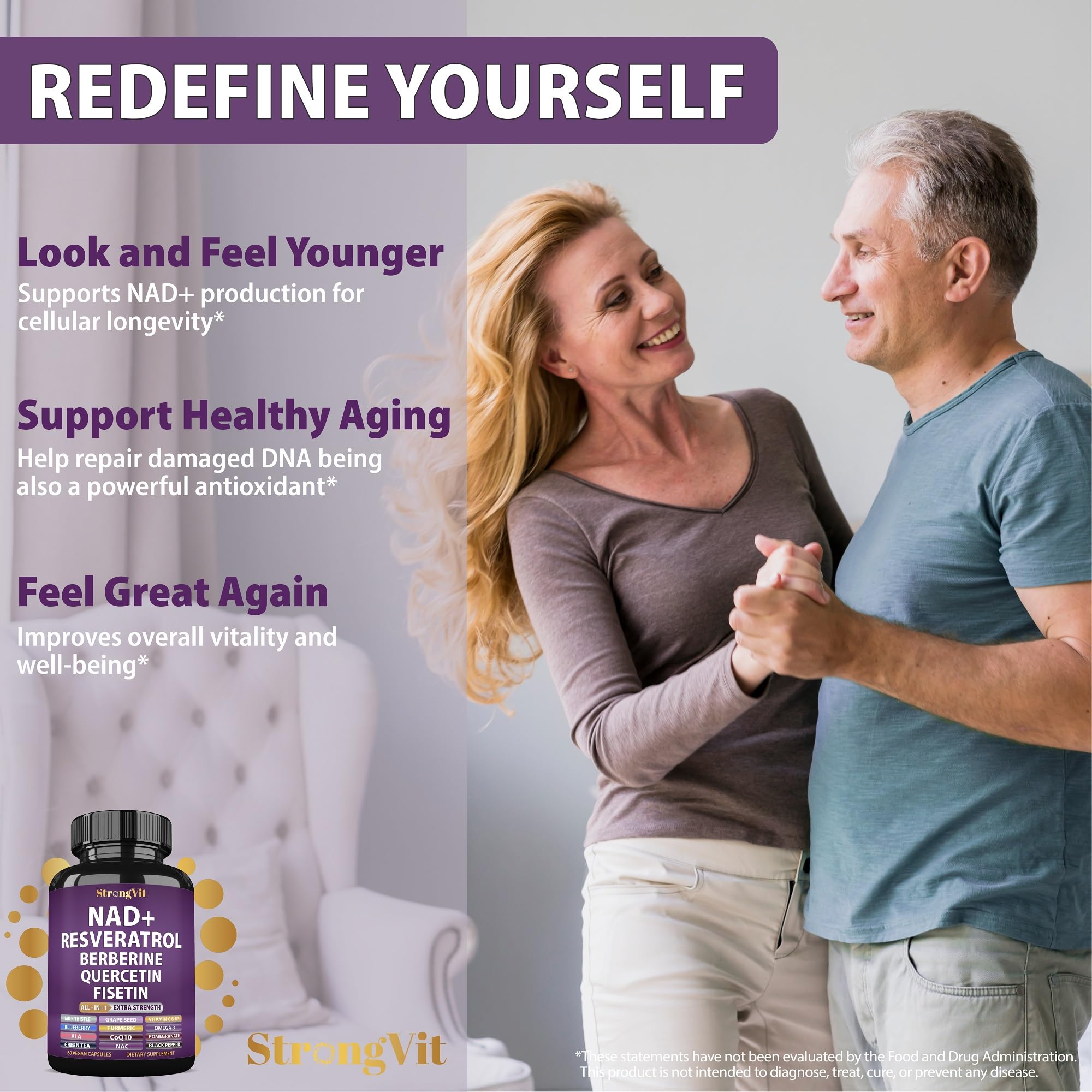 NAD Resveratrol Supplement with Berberine, Quercetin, CoQ10. Anti-Aging Formula for Women & Men. Liposomal NAD Plus, NAD+ Booster, Pure Organic Vitamin, USA StrongVit uk supplements