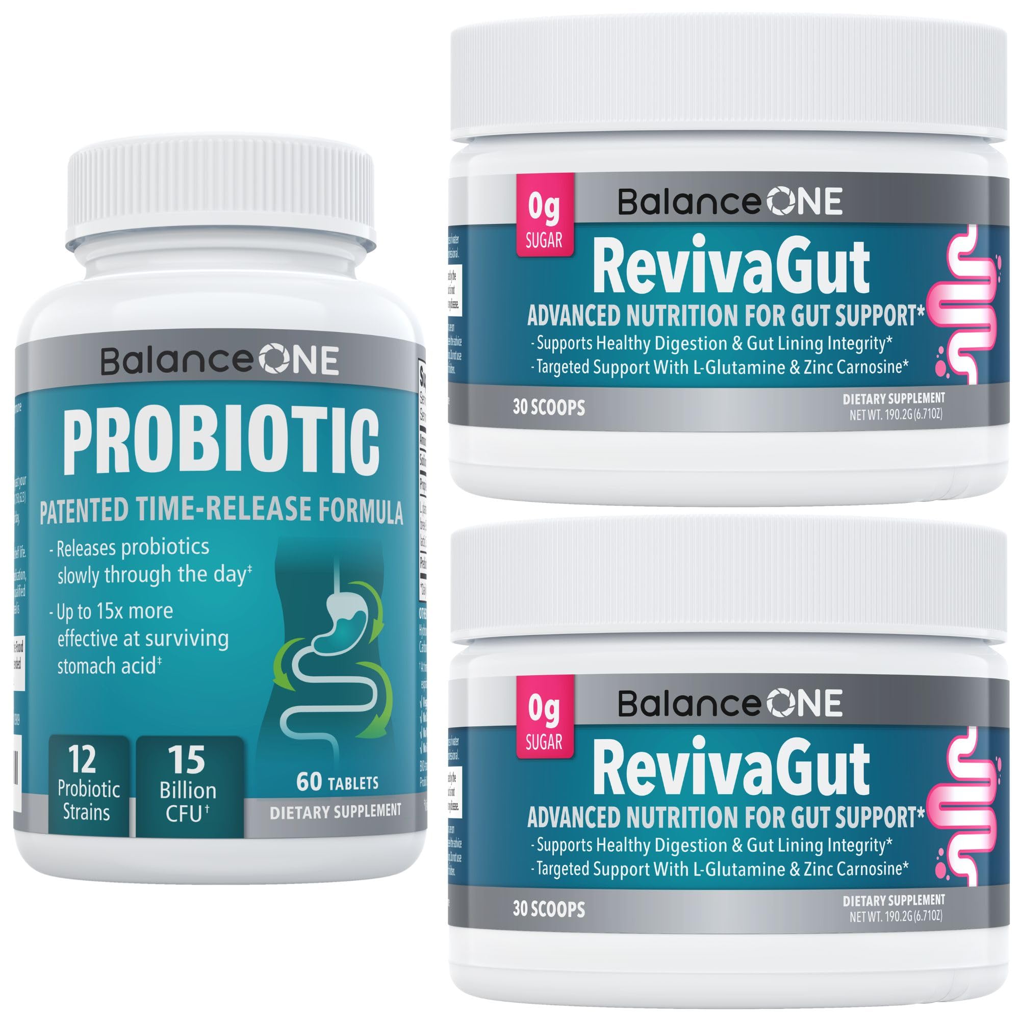 Balance ONE 2-Month Complete Digestive Support Bundle – Intestinal Barrier & Microbiome Kit – Includes 2X RevivaGut Powder & 1x Daily Probiotic (3 Pieces) Balance ONE uk supplements