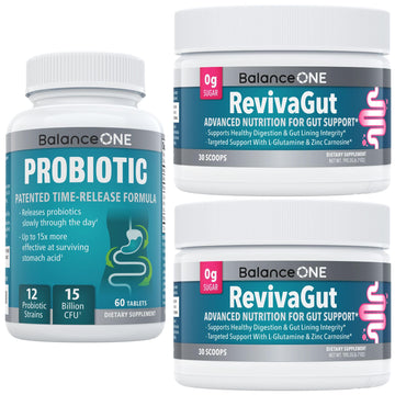 Balance ONE 2-Month Complete Digestive Support Bundle – Intestinal Barrier & Microbiome Kit – Includes 2X RevivaGut Powder & 1x Daily Probiotic (3 Pieces) Balance ONE uk supplements