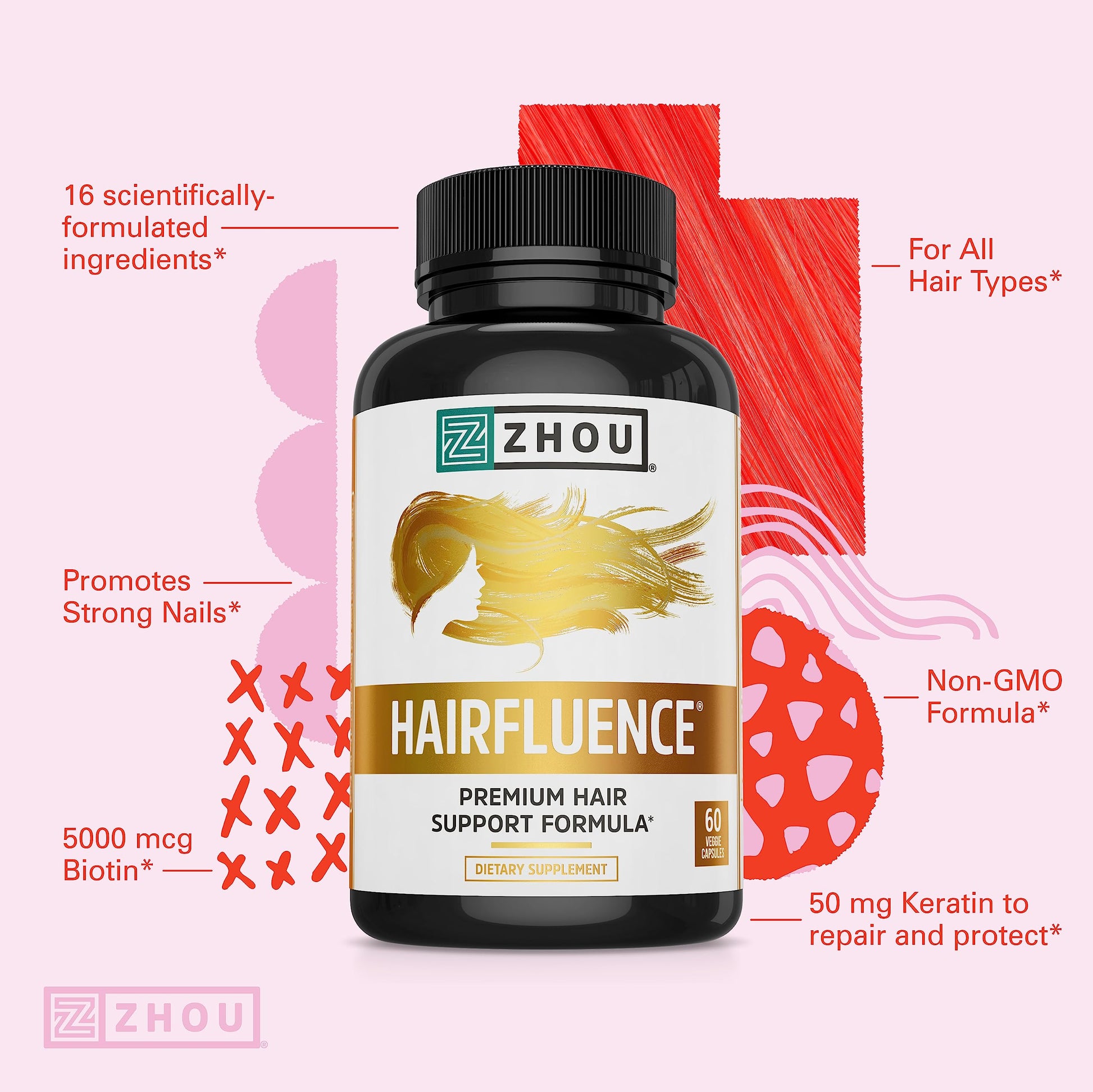 Zhou Hairfluence, Hair Growth Supplement with Biotin 5000mcg, Collagen, Keratin, Zhou Nutrition uk supplements