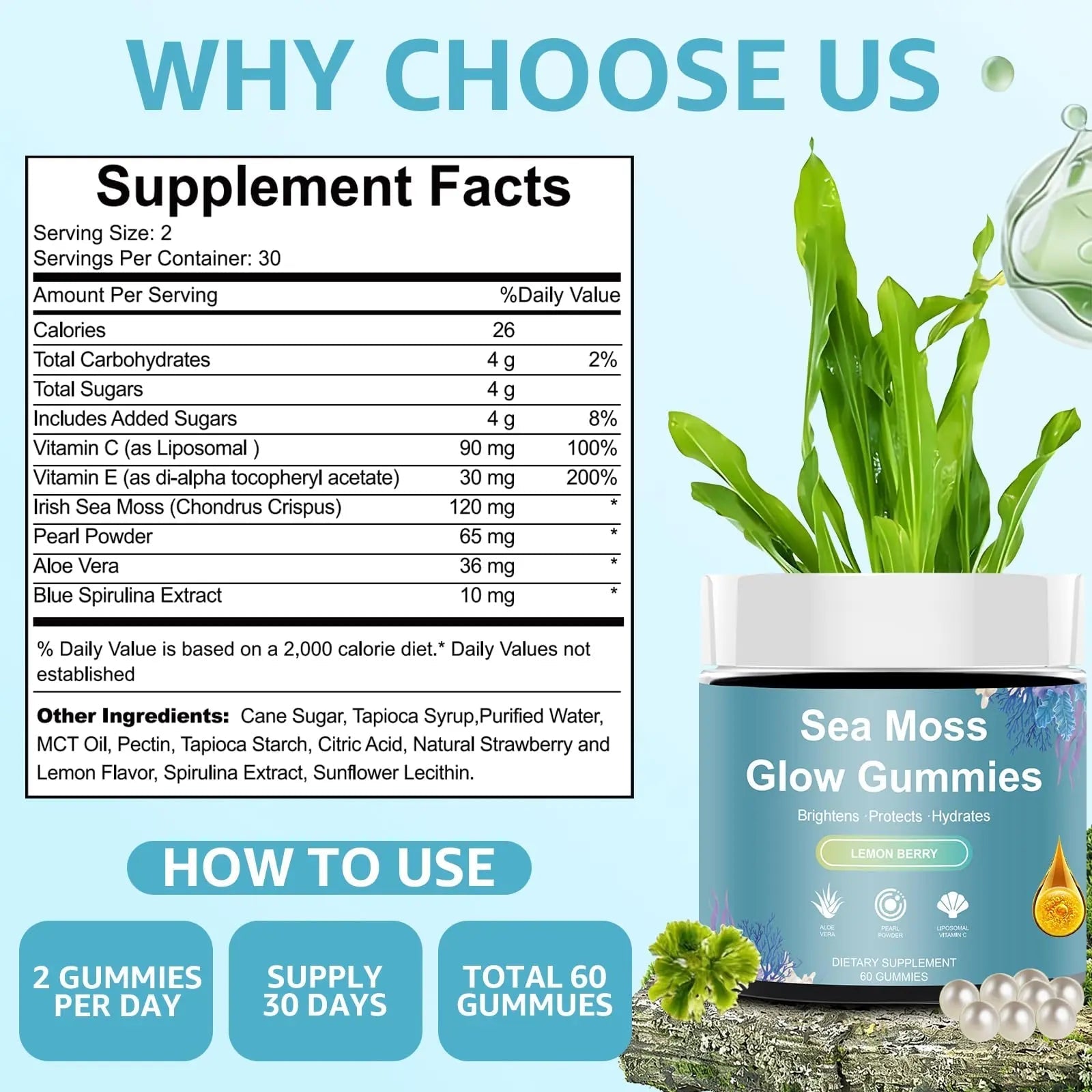HICFRWE Sea Moss Glow Gummies - Hair Gummies with Vitamin C, Vitamin E, Aloe Vera, Pearl Powder Supports Faster Hair Growth HICFRWE uk supplements