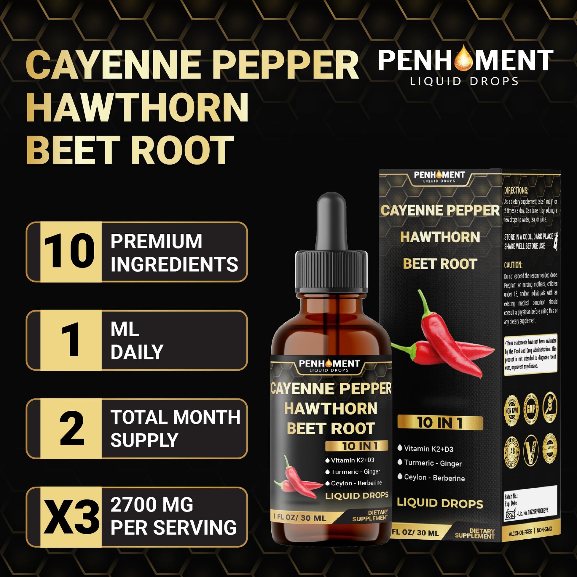 Penhoment 2 Packs - 2700 mg 10in1 Cayenne Pepper Liquid Drops with Hawthorn Berry, Vitamin D3 K2, Beet Root, Ginger Turmeric, Ginger, Ceylon Cinnamon, Berberine, and Ginseng - 2 Months Penhoment uk supplements
