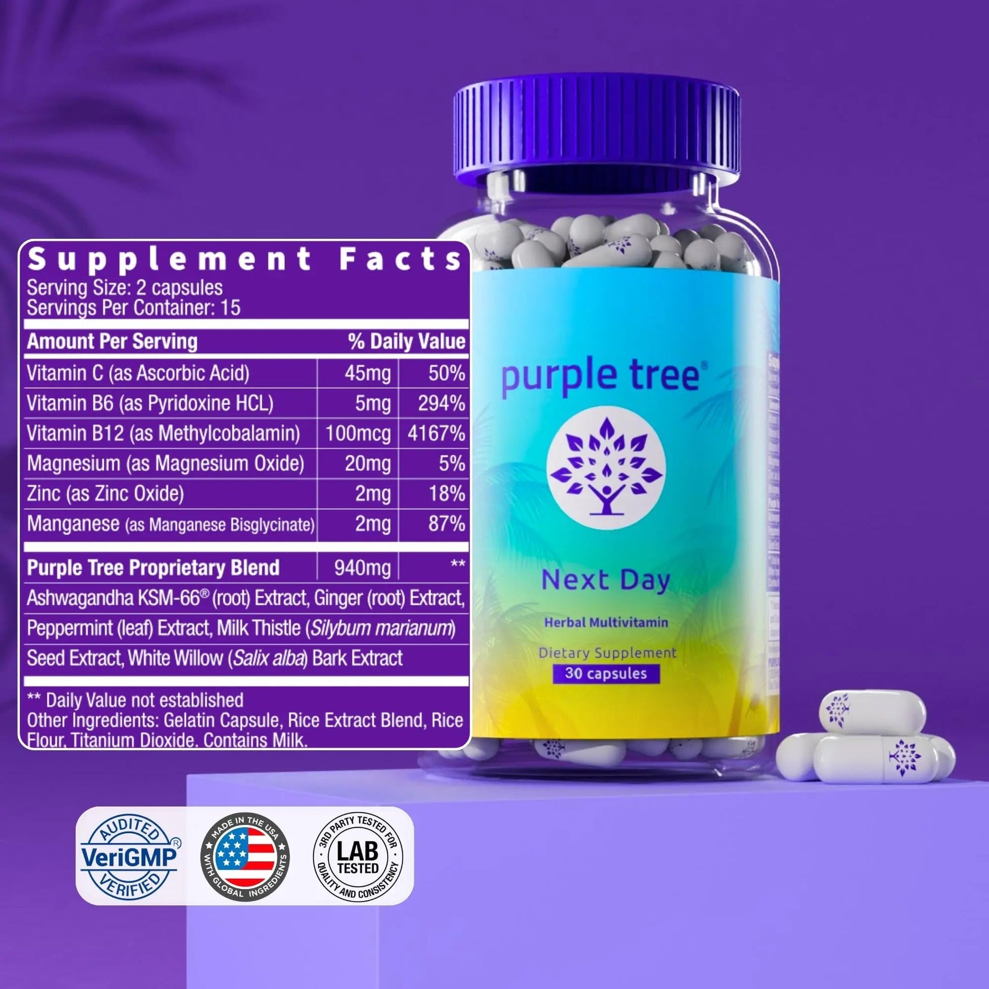 purple tree Next Day – Post-Drink Morning Wellness Supplement for Balance, Restore & Replenishment | Ashwagandha KSM-66, Milk Thistle, Ginger purple tree uk supplements