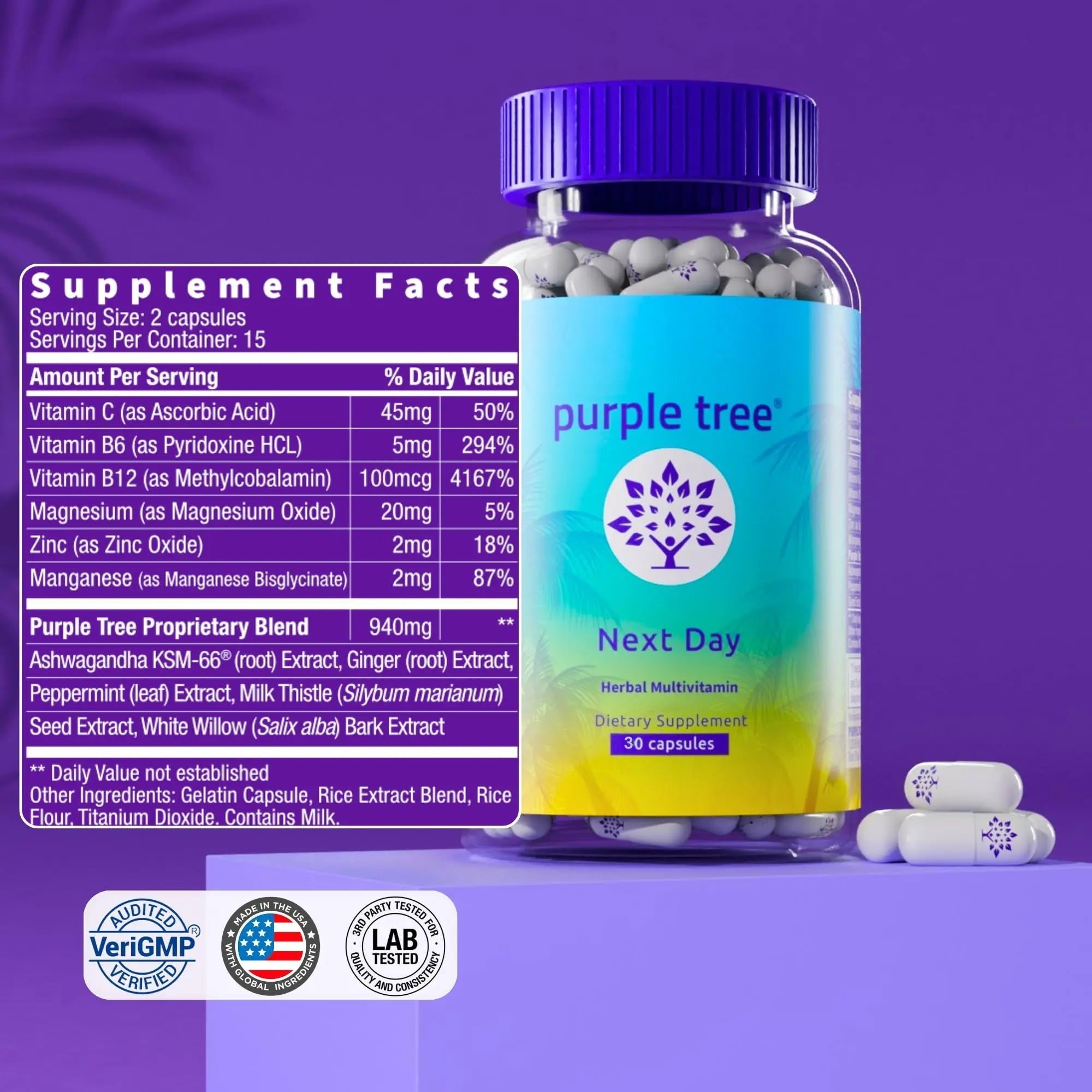 purple tree Next Day – Post-Drink Morning Wellness Supplement for Balance, Restore & Replenishment | Ashwagandha KSM-66, Milk Thistle, Ginger purple tree uk supplements