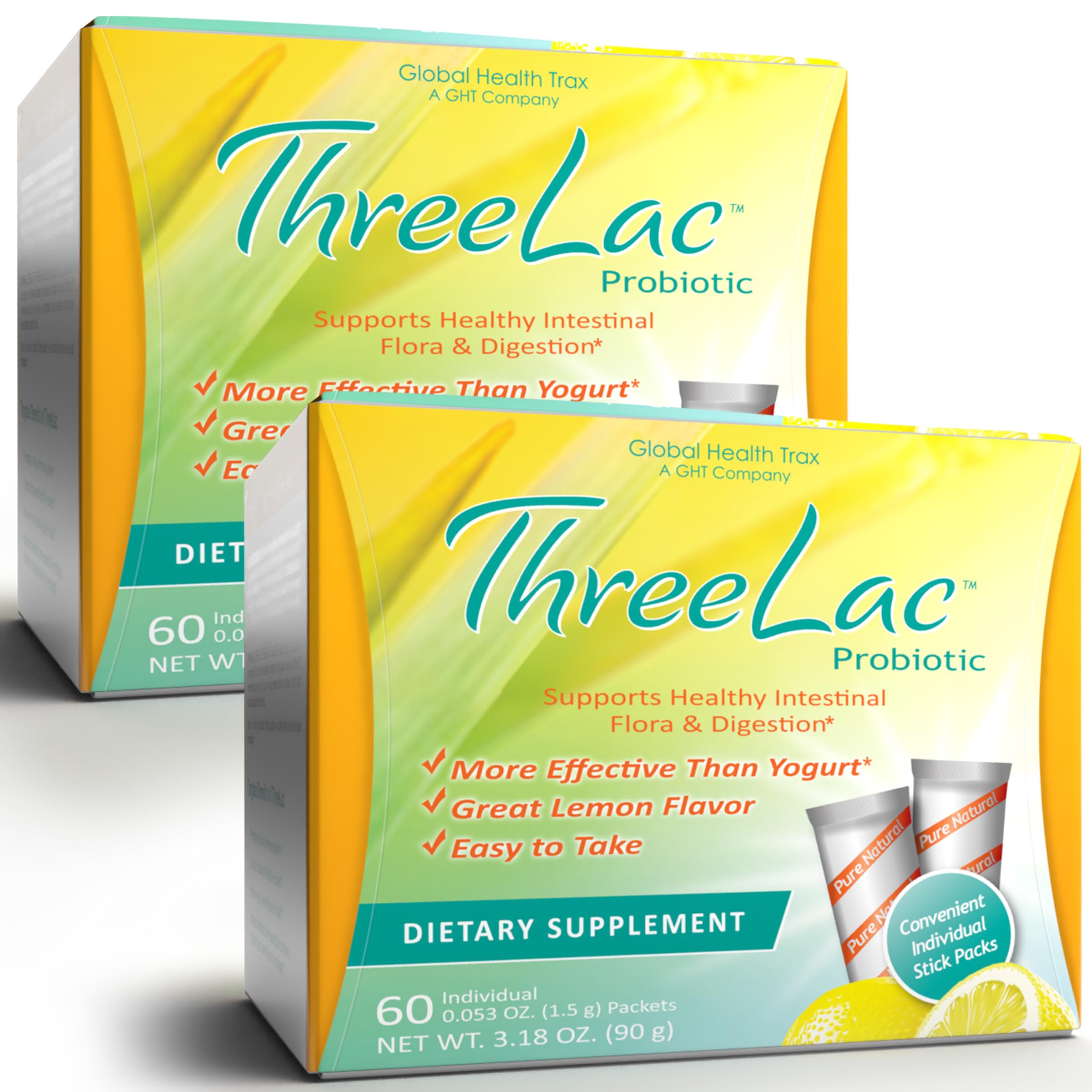 Global Health Trax ThreeLac Lemon Probiotic Drink Mix for Digestive Health - Advanced Probiotic Powder Formula for Men, Women, and Kids - Immune Support & Gut Balance, Non-GMO - 120 Packets ght Global Health Trax uk supplements