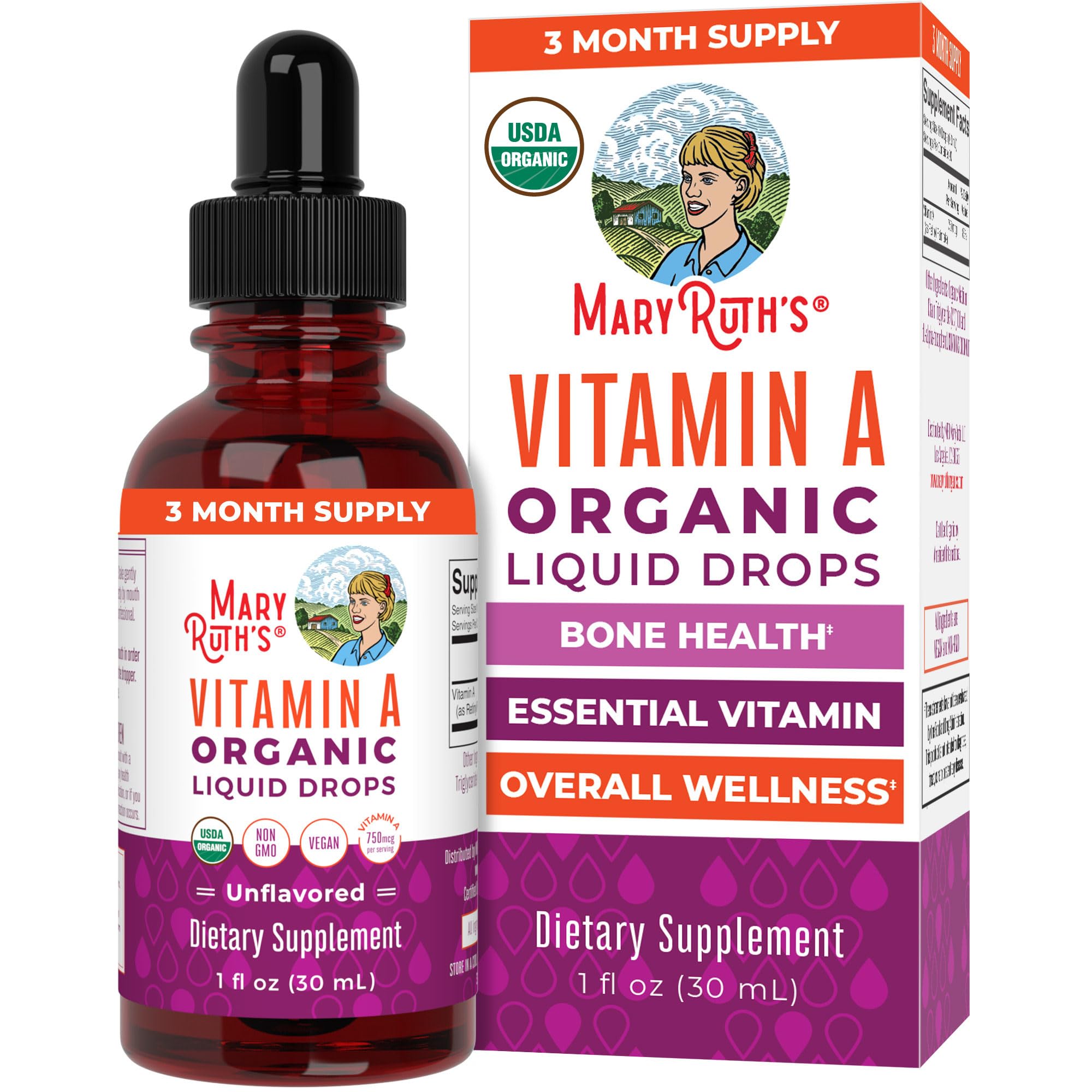 MaryRuth Organics USDA Organic Vitamin A Liquid Drops | 3 Month Supply | Bone Health for Ages 14+ | Essential Vitamin | 750mcg per Serving | Sugar Free | Vegan | Non-GMO | Gluten Free | 1oz MARYRUTH'S uk supplements