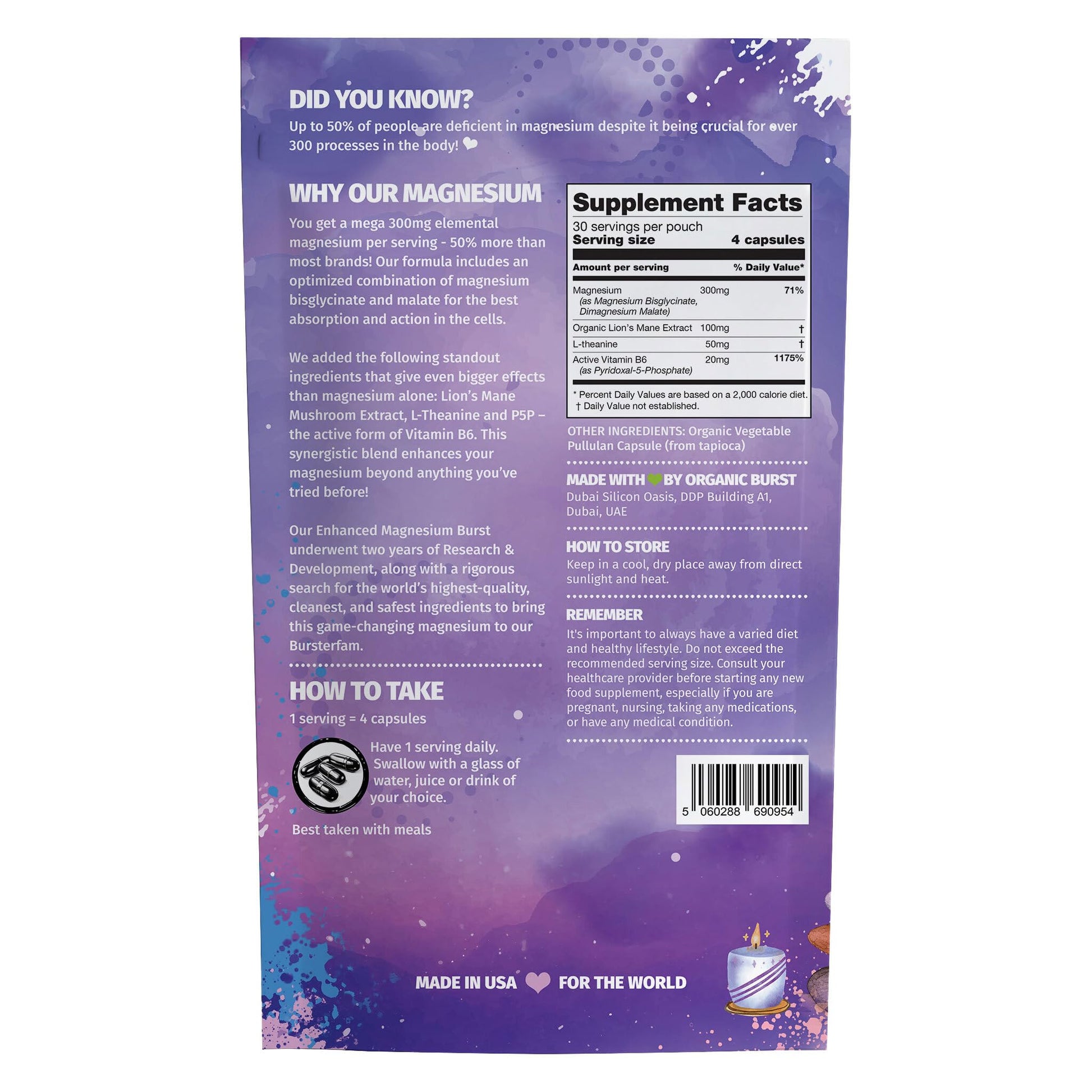 Enhanced Magnesium (Capsules) | Precise 300mg per Serving | Enhancement Blend: Organic Lion's Mane Extract, L-theanine, Active Vitamin B6 | 120 Capsules - by Organic Burst Organic Burst uk supplements