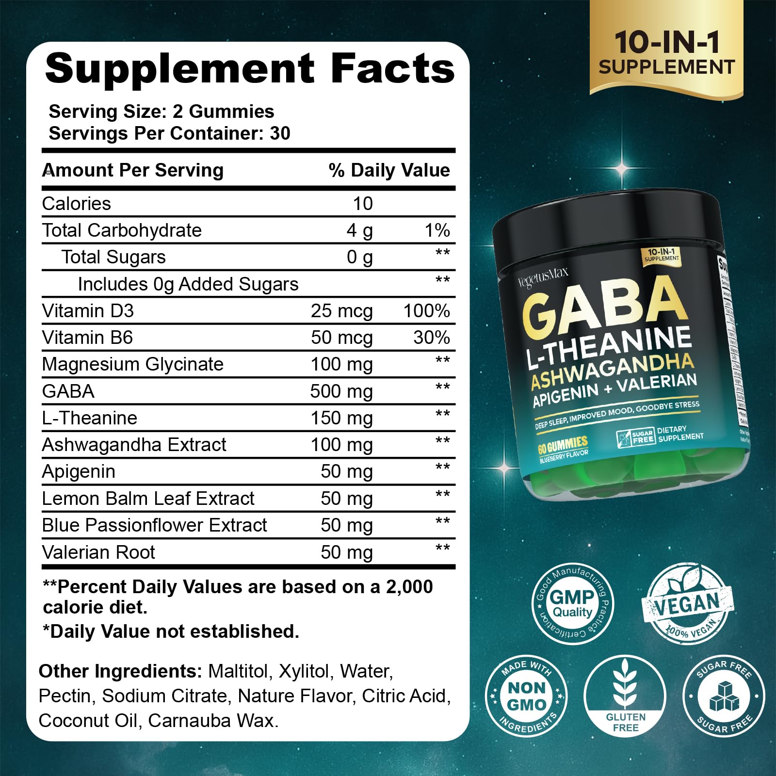 GABA L-Theanine Gummies, Sugar-Free Calm Gummies with L-Theanine, Ashwagandha,Valerian Root,Magnesium | Support Sleep,Stress Relief & Relaxation | GABA Supplement for Adult- Blueberry Flavor VEGETUSMAX uk supplements