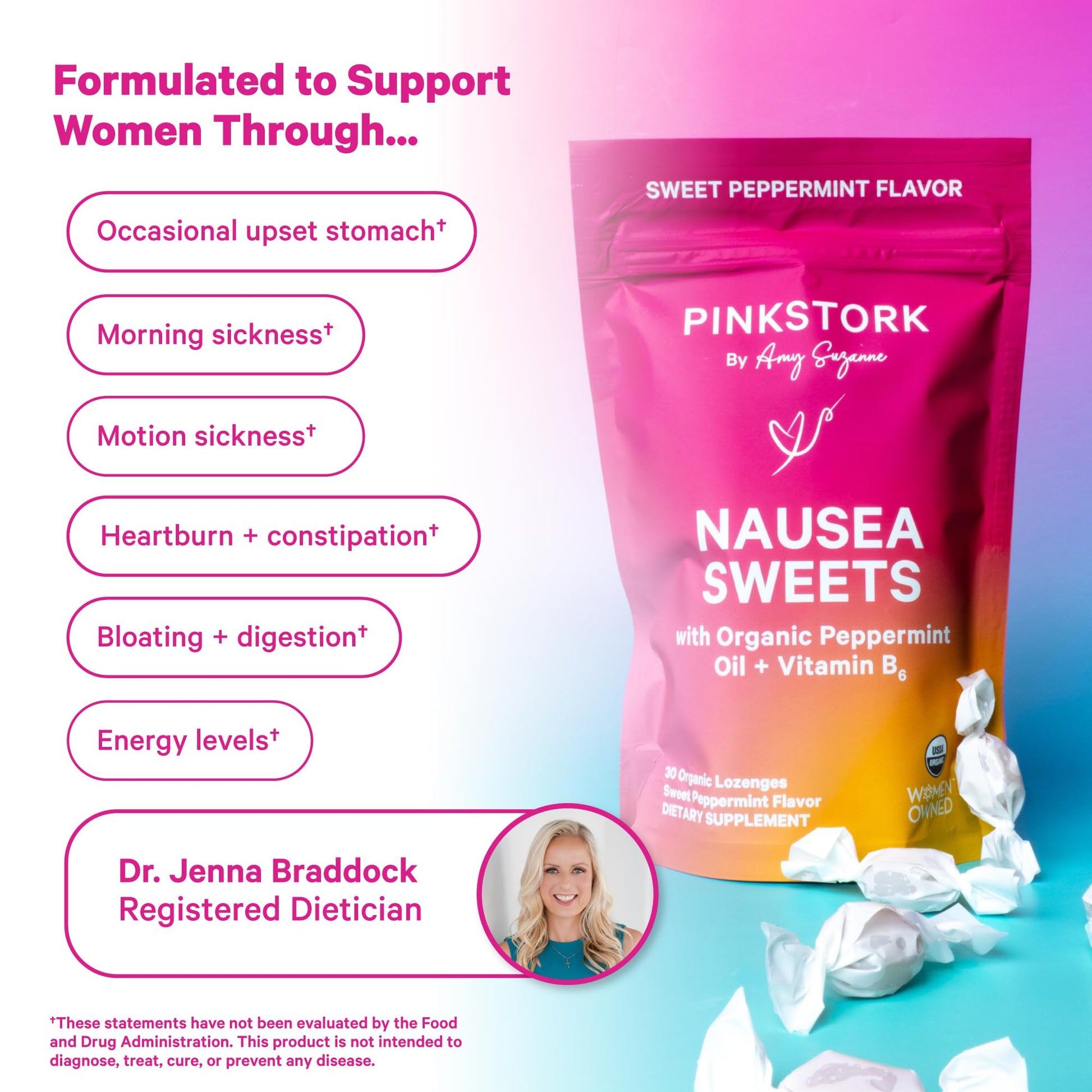 Pink Stork Organic Peppermint Sweets for Morning Sickness and Motion Sickness Support, Added Vitamin B6, 1st Trimester Pregnancy Must Haves - 30 Wrapped Peppermint Candies Pink Stork uk supplements