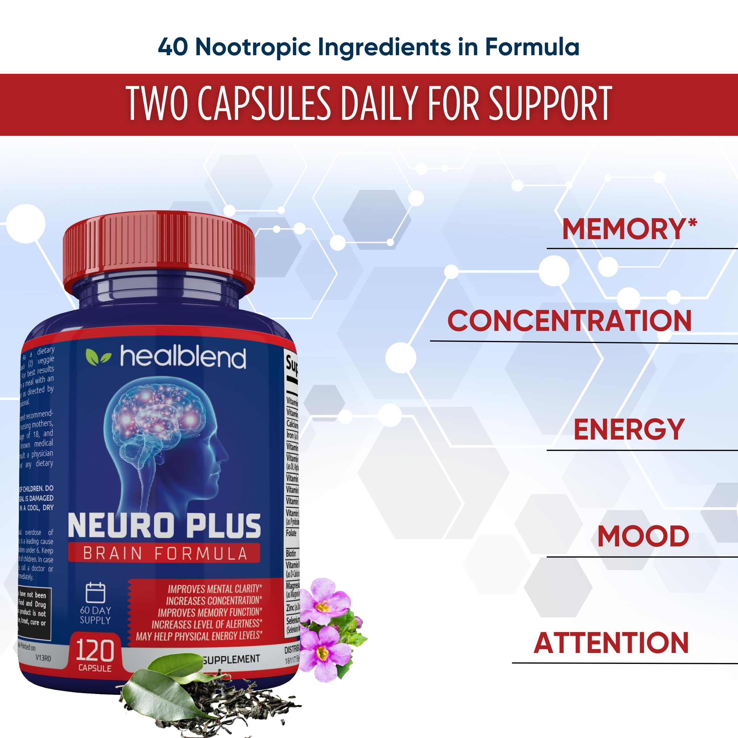 Neuro Plus Brain & Focus Formula - Nootropic Brain Booster Supplement, Supports Brain Health, Mental Clarity & Focus - Enhances Concentration & Mental Energy – 120 Capsules (1) healblend uk supplements