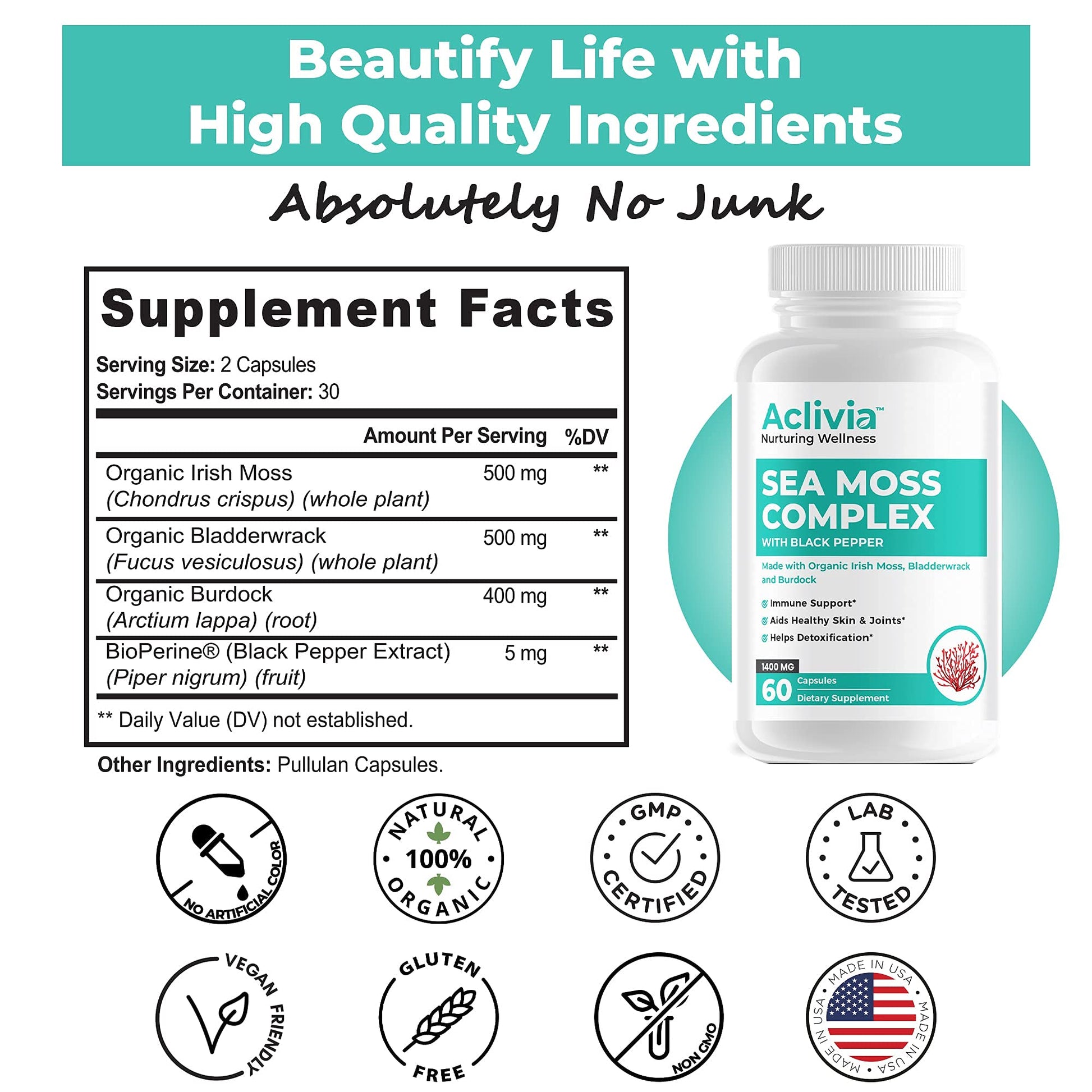 Aclivia - Organic Irish Sea Moss Capsules with Bladderwrack & Burdock Root - 102 Minerals Sea Moss Supplement - Thyroid Support, Immune Boost - Non-GMO (60 Count) Aclivia uk supplements