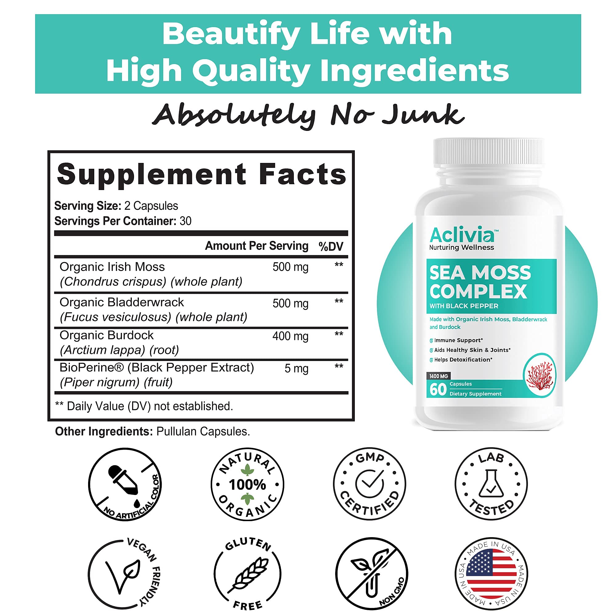 Aclivia - Organic Irish Sea Moss Capsules with Bladderwrack & Burdock Root - 102 Minerals Sea Moss Supplement - Thyroid Support, Immune Boost - Non-GMO (60 Count) Aclivia uk supplements