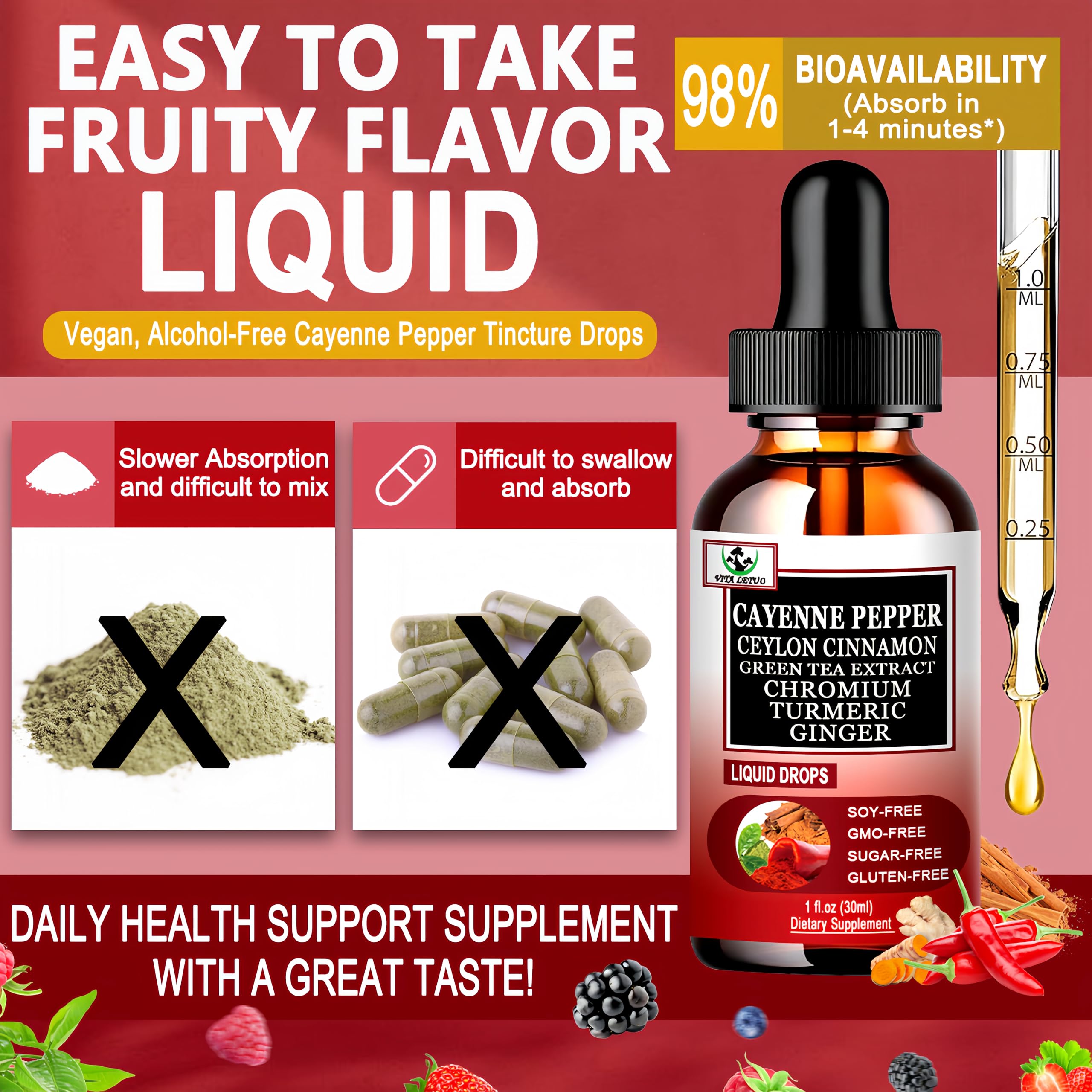 Cayenne Pepper Drops, High Absorption 6-in-1 Liquid Cayenne Pepper Supplement w/Ceylon Cinnamon, Green Tea Extract, Turmeric, Organic Liquid Drops Than Cayenne Capsules Powder Vita letuo uk supplements