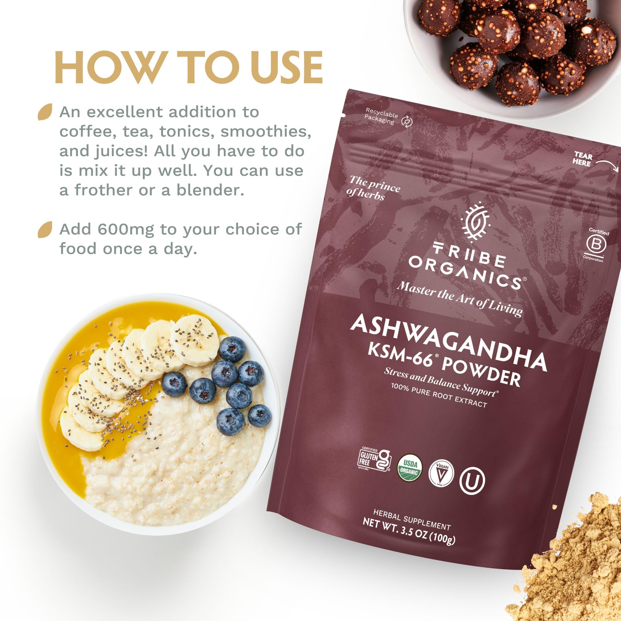 TRIBE ORGANICS KSM-66 Ashwagandha Root Extract Powder Ayurvedic Herb for Mood Support | Increase Energy | Strength - Organic | Natural | Gluten Free | Non GMO | Full-Spectrum - 100g Pouch TRIBE ORGANICS uk supplements