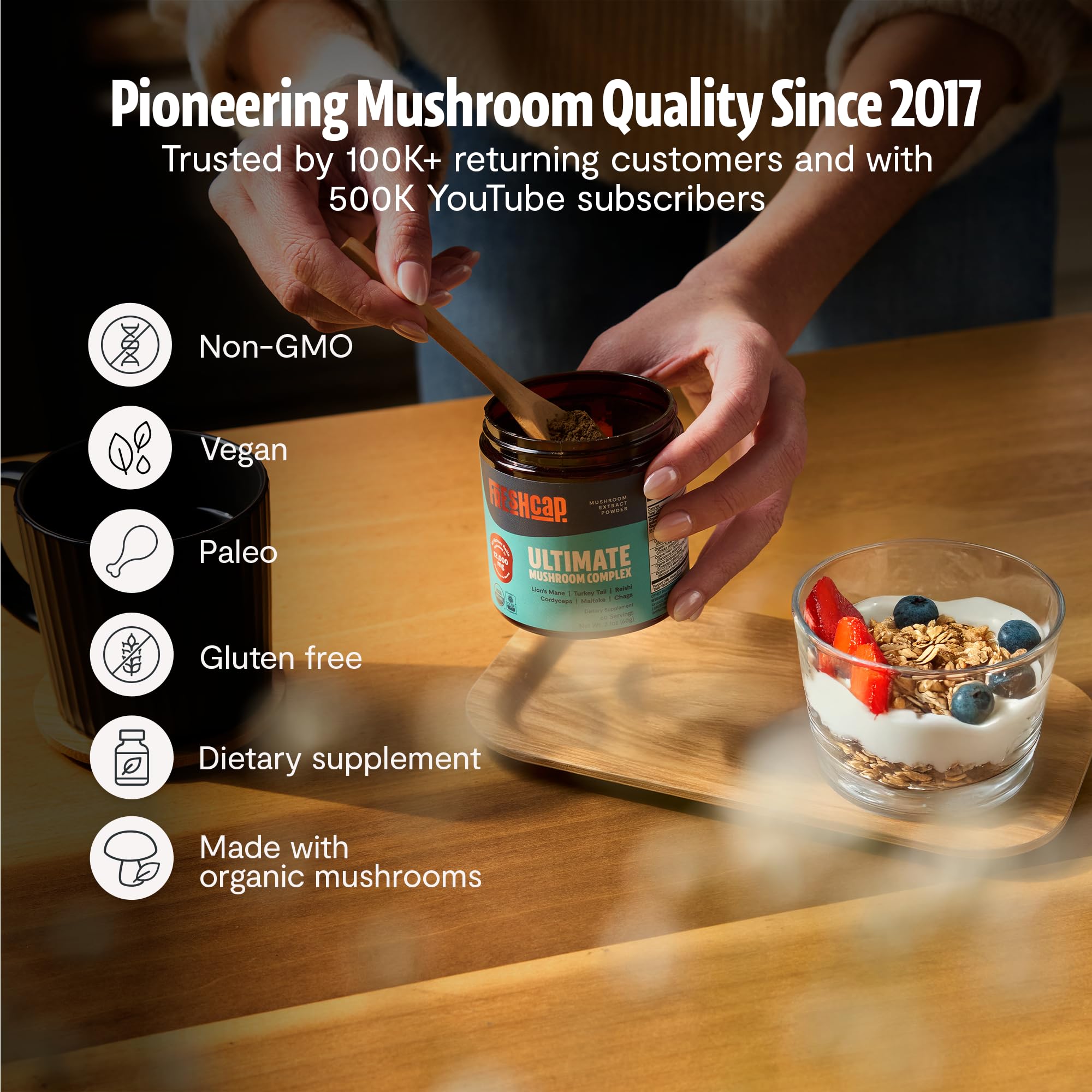 FreshCap Mushrooms Ultimate Mushroom Supplement Powder 12,000mg - Nootropic Organic Mushroom Complex for Focus & Memory, Brain Support Supplement, Ayurveda Mushroom Powder Extract (60 Servings) FreshCap Mushrooms uk supplements