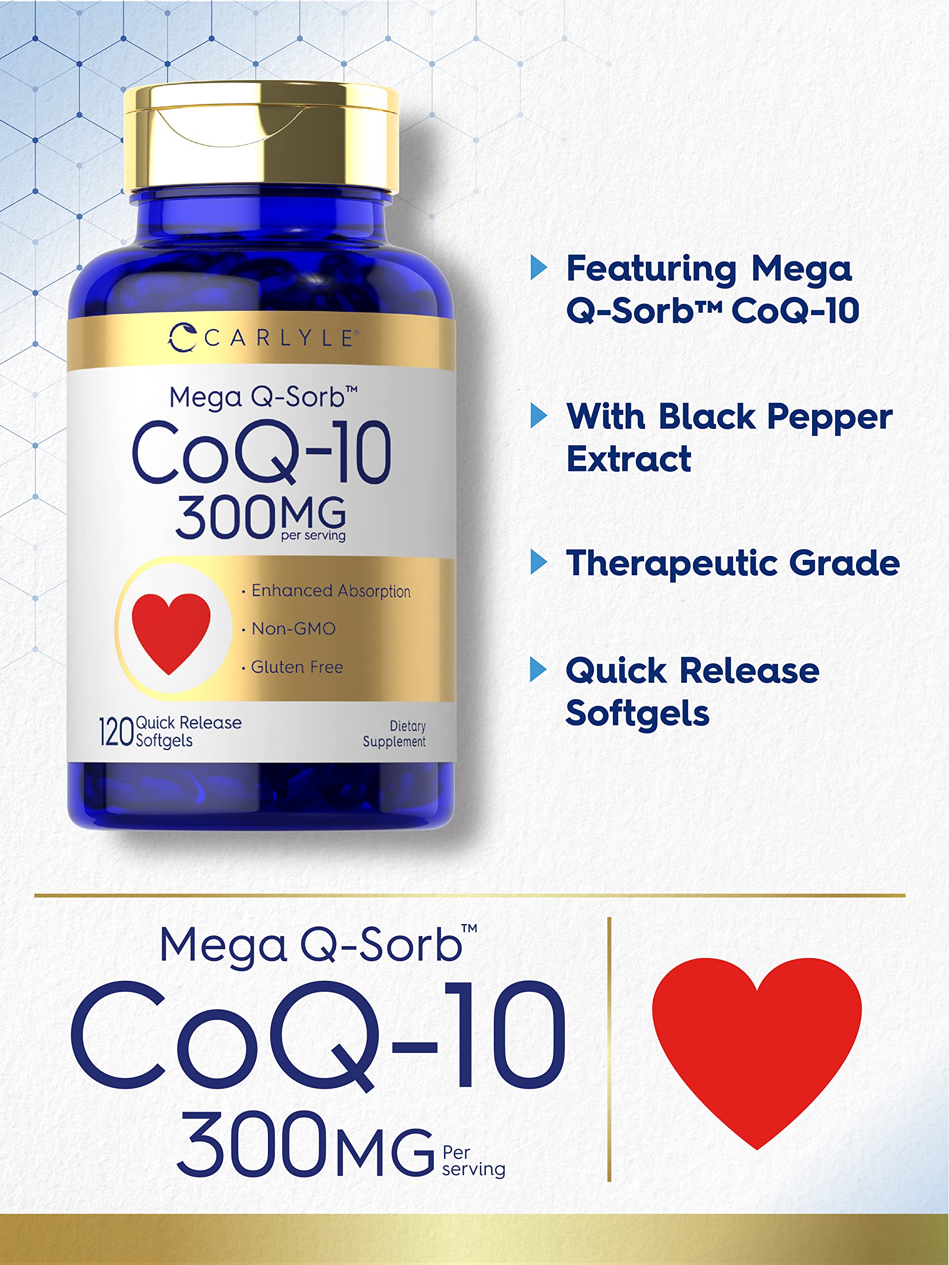 Carlyle CoQ10 300mg | 120 Softgels | Mega Q-Sorb Coenzyme Q-10 | with Black Pepper Carlyle uk supplements