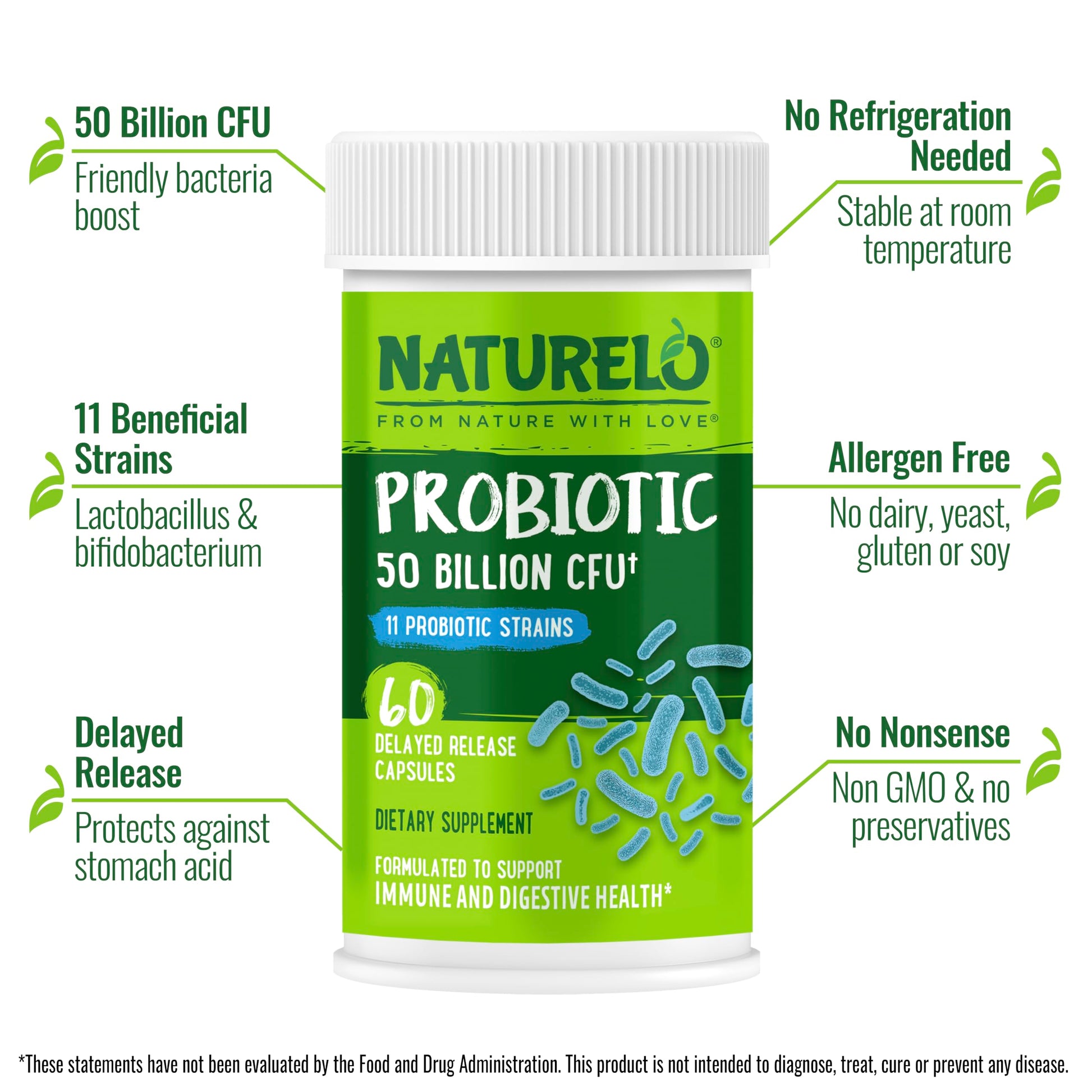 NATURELO Probiotics for Digestive Health, 50 Billion CFU, 60 Vegetarian Capsules, 11 Strains, Daily Use Supplement, Delayed Release, No-Fridge, Boosts Immune System, Probiotics for Women & Men NATURELO uk supplements