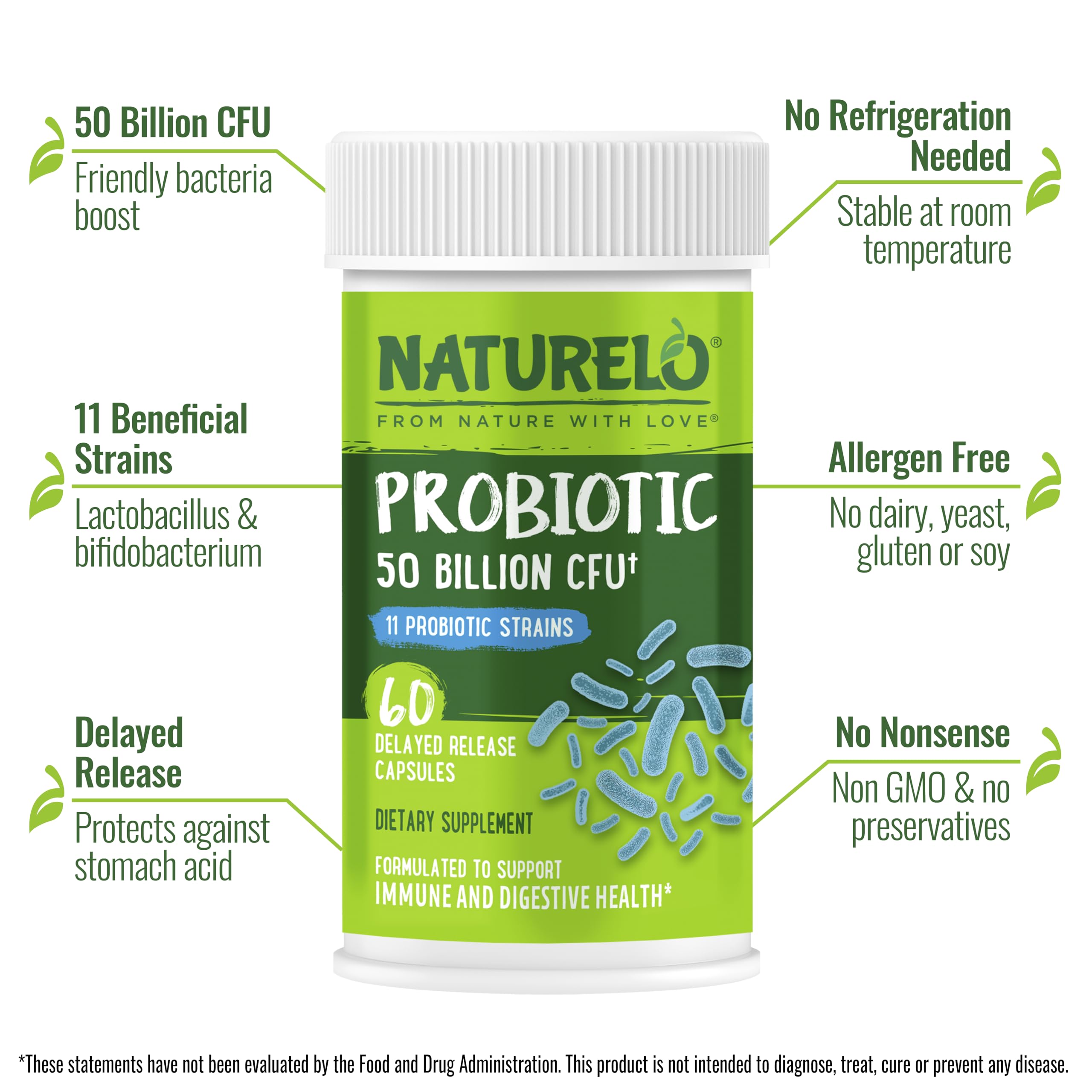 NATURELO Probiotics for Digestive Health, 50 Billion CFU, 60 Vegetarian Capsules, 11 Strains, Daily Use Supplement, Delayed Release, No-Fridge, Boosts Immune System, Probiotics for Women & Men NATURELO uk supplements