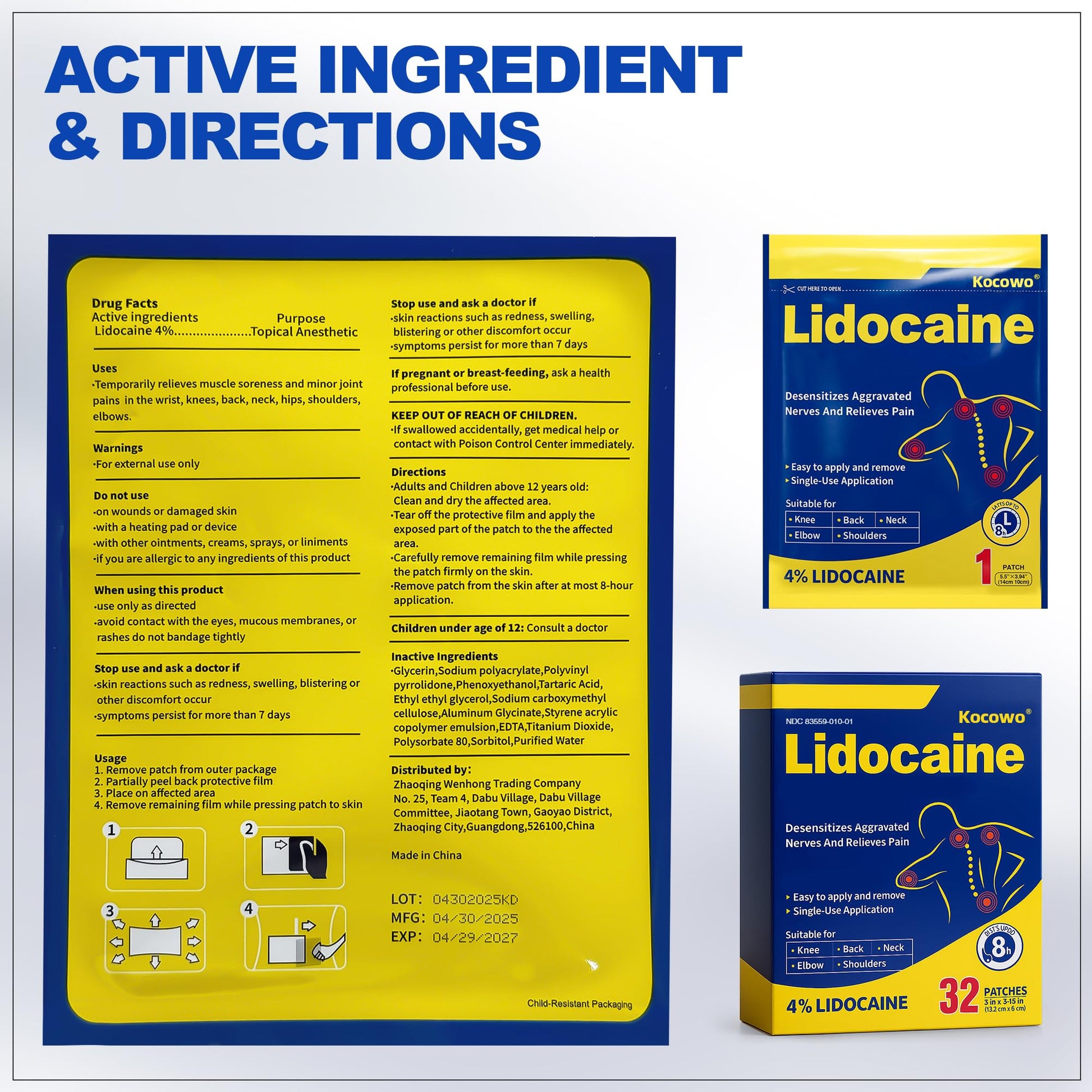 Kocowo 4% Lidocaine Maximum Strength Pain Relief Gel Patches with Auxiliary Patches for Neck Back Knee Joint Ache Muscle Soreness, 3.9” x 5.5”, 32-Count Box, NDC：83559-010-01 Kocowo uk supplements