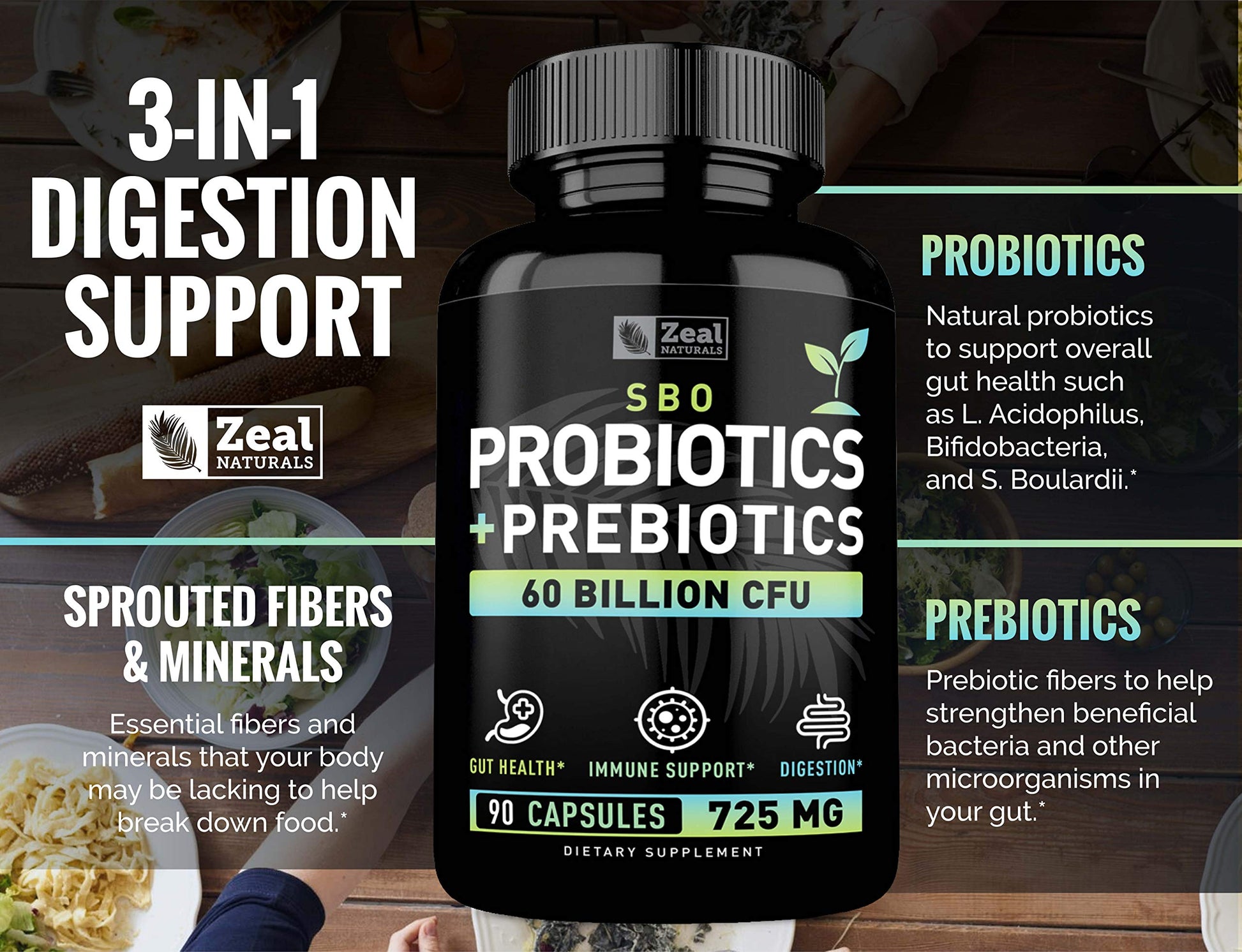 Probiotics and Prebiotics + SBO Probiotics (60 Billion CFU | 90 Capsules) Acidophilus Probiotic w. Saccharomyces Boulardii, Bifidobacterium + Spore Probiotic & Organic Sprouted Prebiotic Fiber Blend Zeal Naturals uk supplements