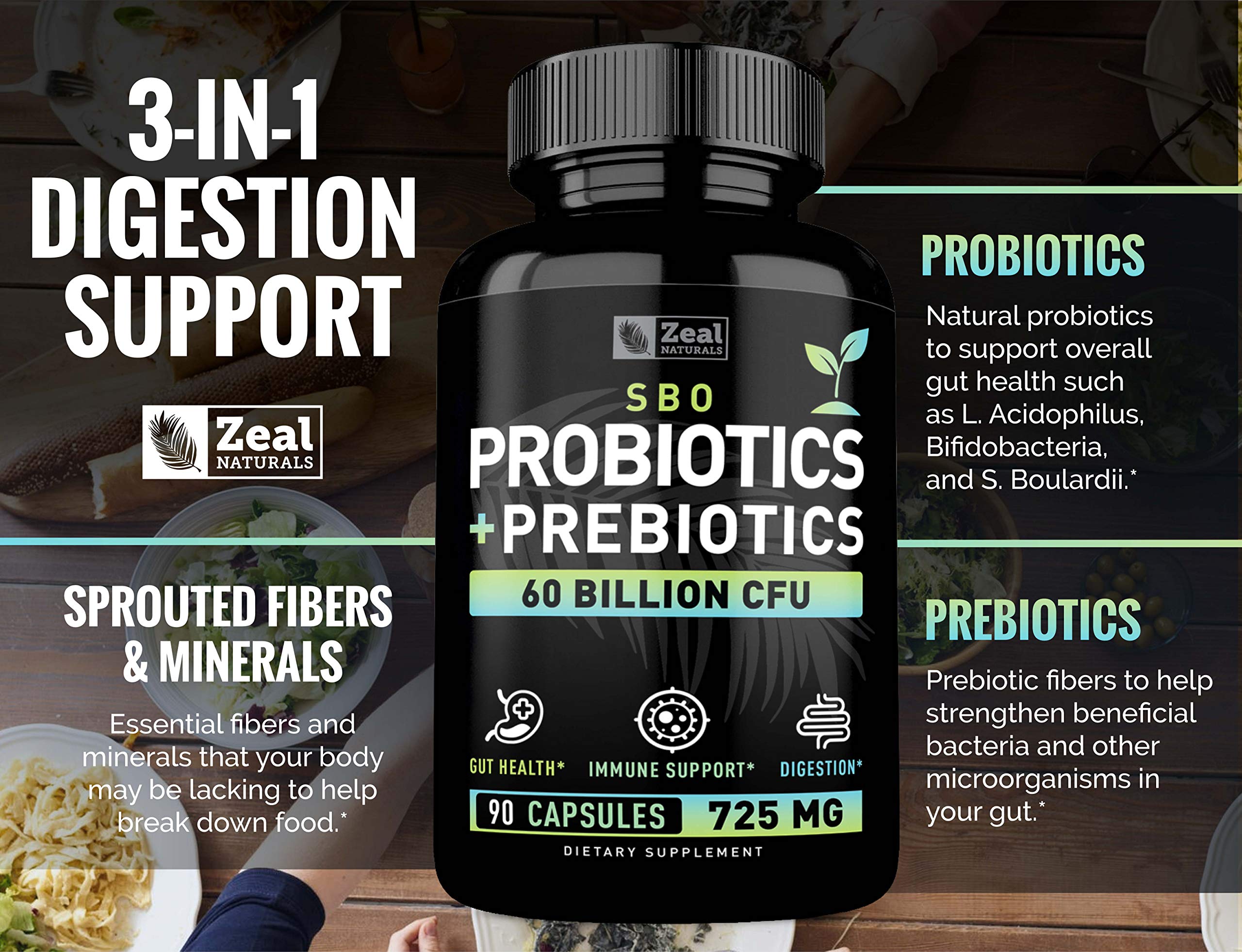 Probiotics and Prebiotics + SBO Probiotics (60 Billion CFU | 90 Capsules) Acidophilus Probiotic w. Saccharomyces Boulardii, Bifidobacterium + Spore Probiotic & Organic Sprouted Prebiotic Fiber Blend Zeal Naturals uk supplements