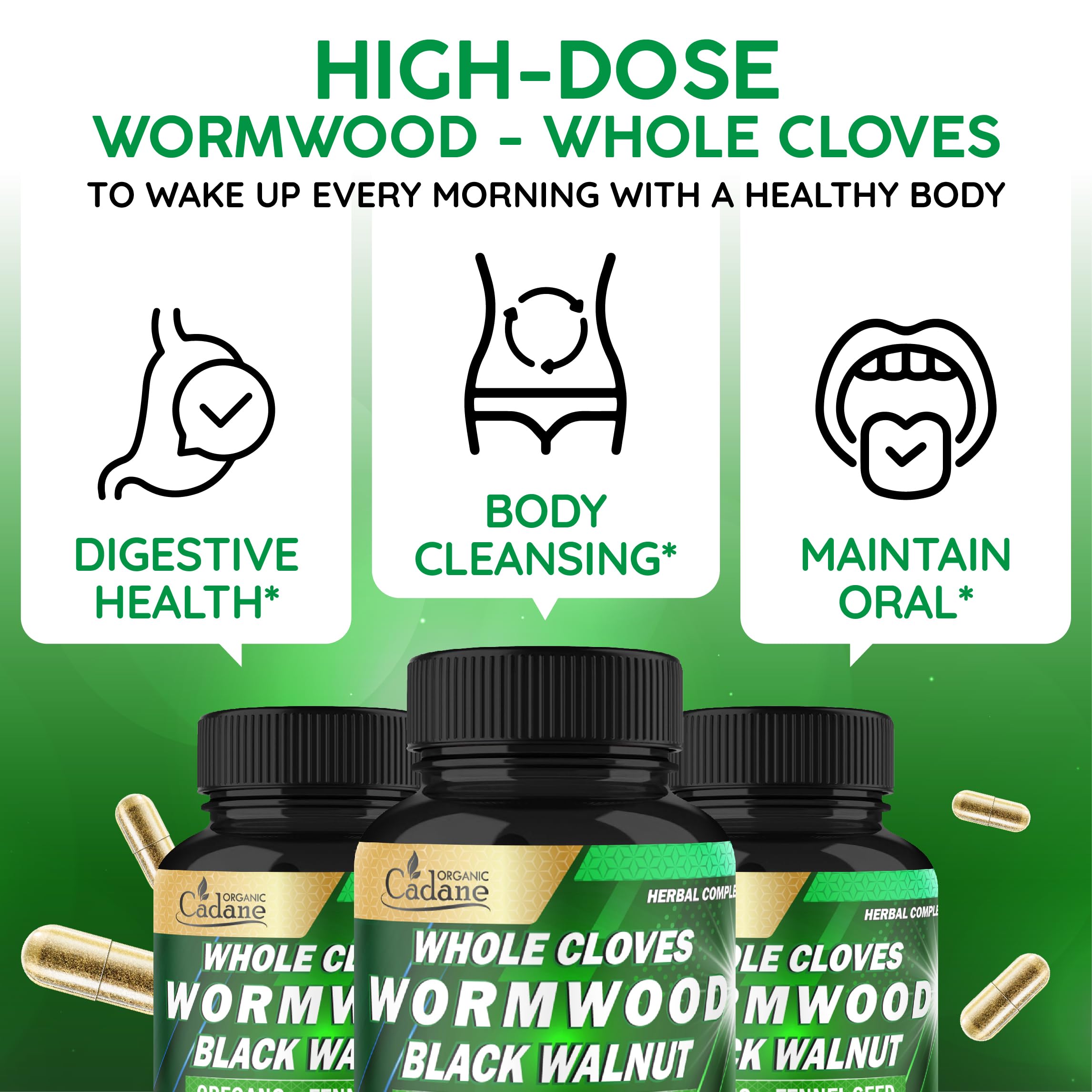 Cadane Wormwood Whole Cloves Black Walnut with Ginger, Garlic, Oregano, Fennel & Black Pepper | Digestive & Wellness Support | 120 Capsules – 60-Day Organic Cadane uk supplements