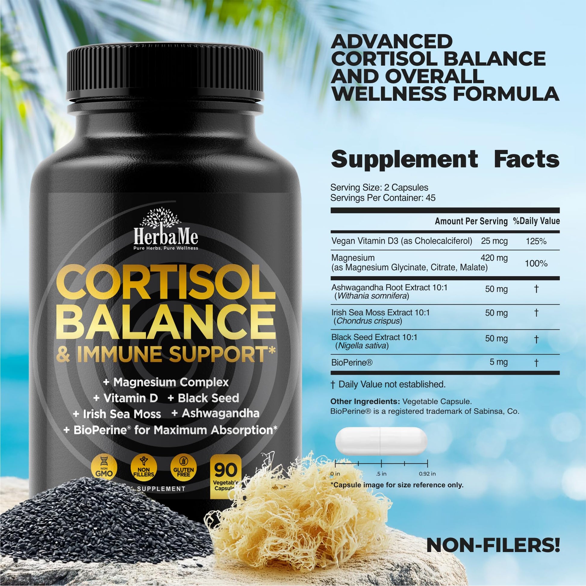 Cortisol Balance and Immune Support Supplement with Ashwagandha, Irish Sea Moss, Black Seed, Vitamin D and Magnesium Complex | Mood Enhancer | Immunity Booster | Stress Relief Pills | 90 Capsules HerbaMe uk supplements