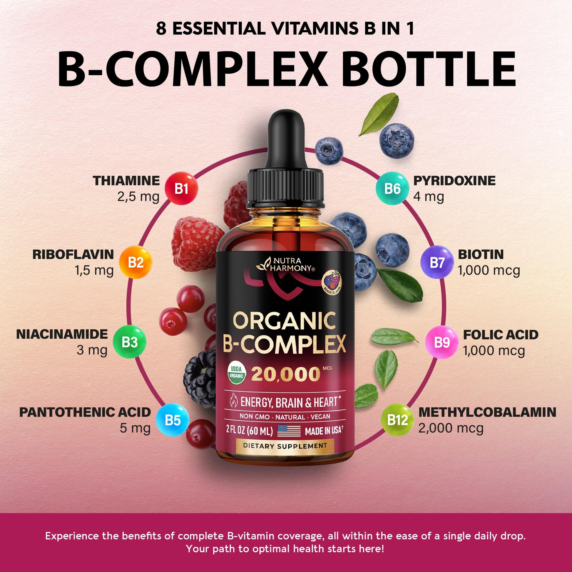 USDA Organic Vitamin B Complex Liquid Drops - 8-in-1 B Complex Vitamins: B1, B2, B3, B5 NUTRAHARMONY uk supplements