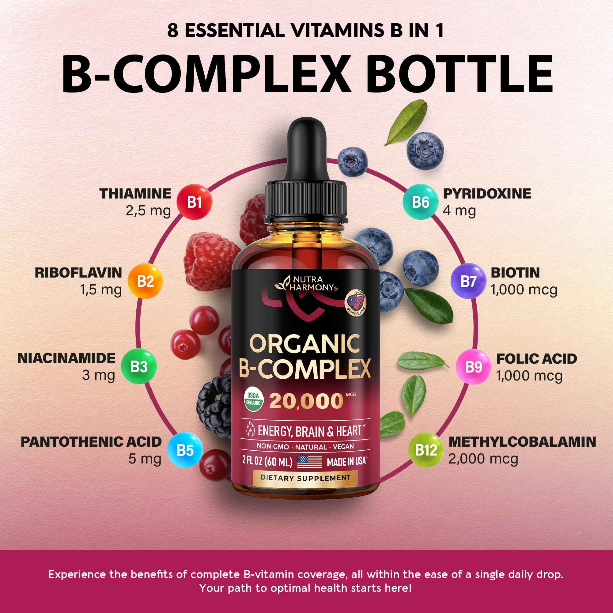 USDA Organic Vitamin B Complex Liquid Drops - 8-in-1 B Complex Vitamins: B1, B2, B3, B5 NUTRAHARMONY uk supplements