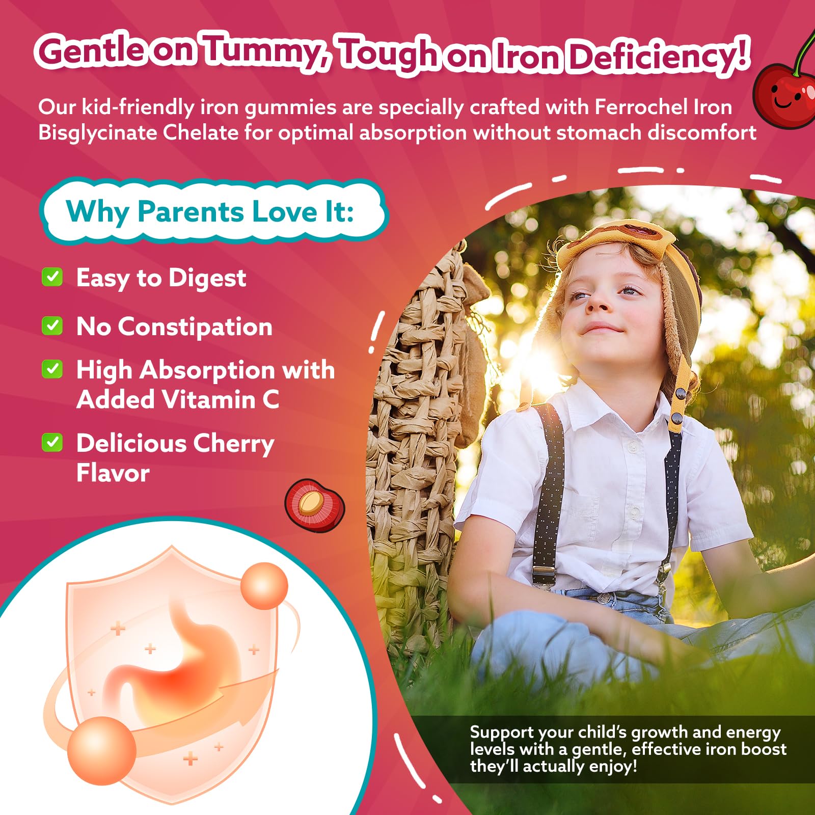 Iron Gummies for Kids & Teens, Kids Multivitamin with Iron Supplement, Calcium, Folate, Zinc, Prebiotic - for Blood Builder & Energy Support, Iron Deficiency - Vegan & Non-GMO - 60 Count Cherry CFILIHTC uk supplements