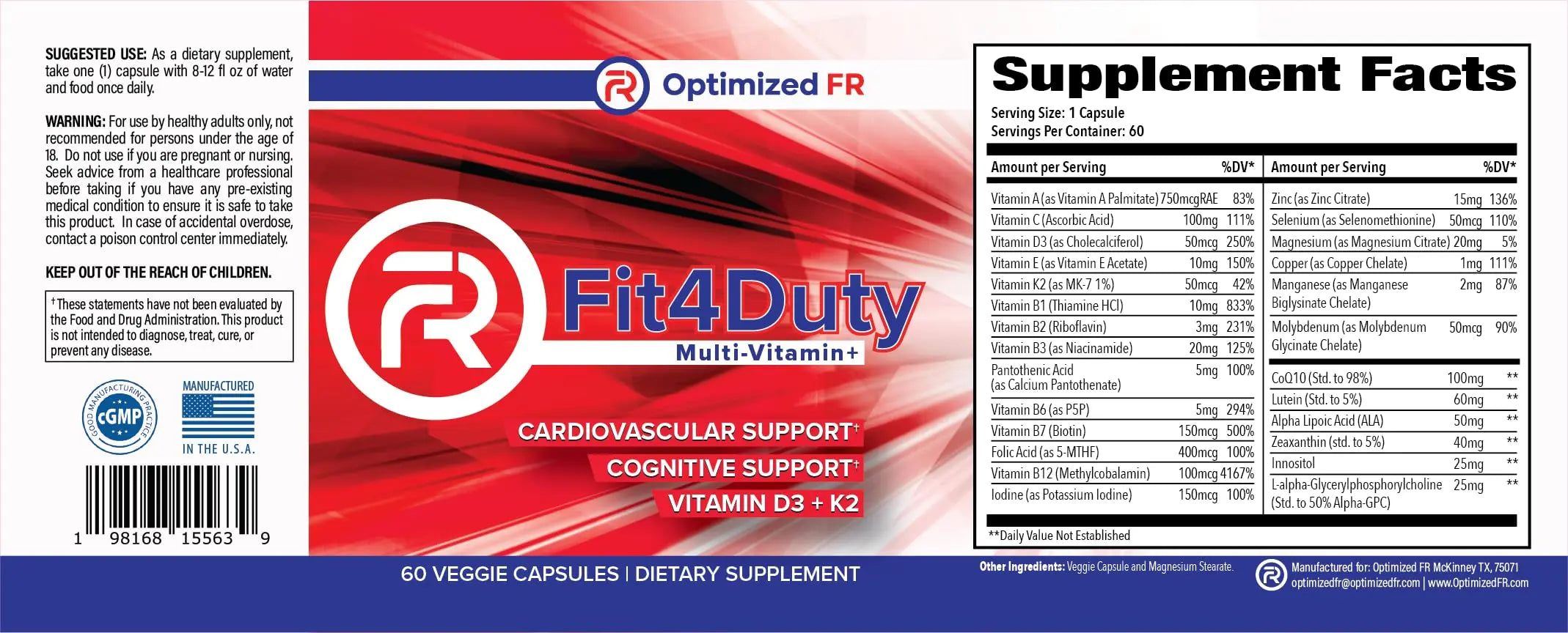 Fit4Duty Multivitamin+ for First Responders, One a Day Multivitamin Plus Other nutrients, 60 Servings, 2 Month Supply Optimized FR uk supplements