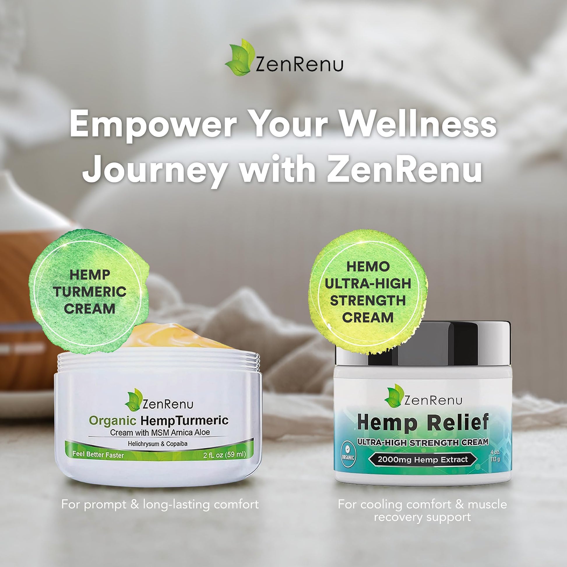 Zenrenu Hemp Joint & Muscle Relief Cream with Turmeric, Arnica, MSM, Hemp Oil & 7 Essential Oils - Non-Greasy & Soothing Formula for Back, Neck, Elbows, Knees, & Hip - ZenRenu, 2 oz Zenrenu uk supplements