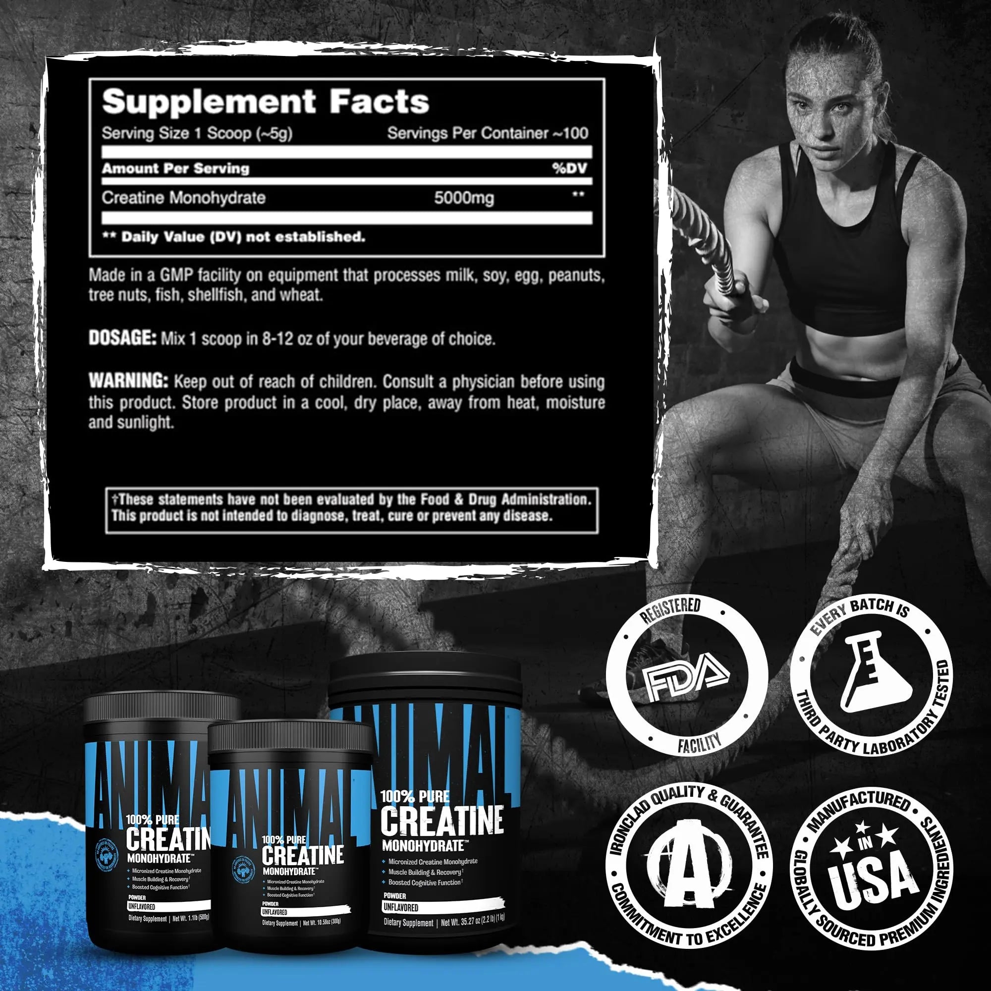Animal Creatine Monohydrate Powder - Micronized Creatine for Women and Men, Supports Muscle Growth, Strength, Endurance, Recovery and ATP Production, Animal uk supplements