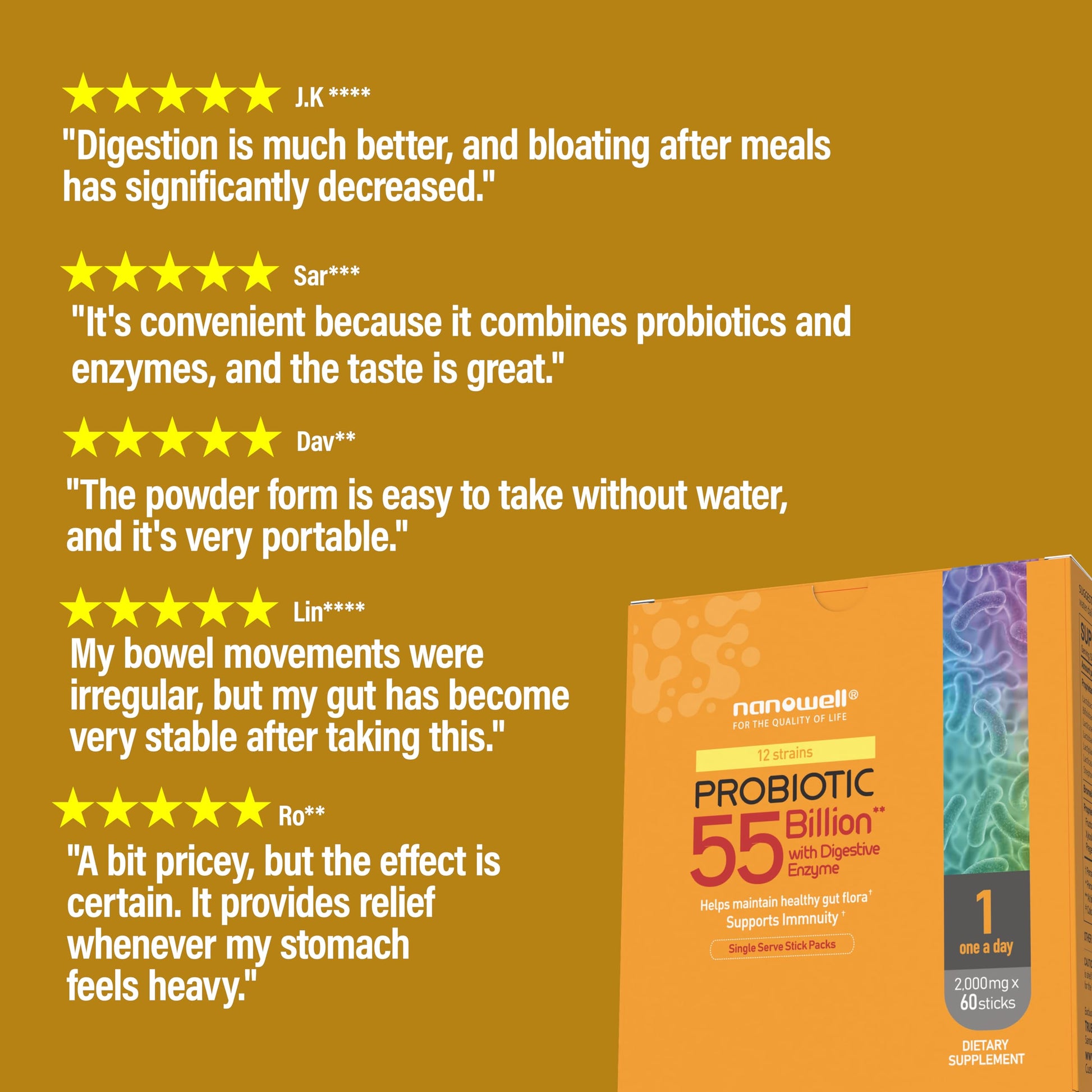 NANOWELL 12 Strains Probiotic 55 Billion CFU with Digestive Enzymes Powder - Immune Support, Gut Health, Probiotics, Prebiotics & Postbiotics - 60 Sticks, 60 Day Supply NANOWELL uk supplements