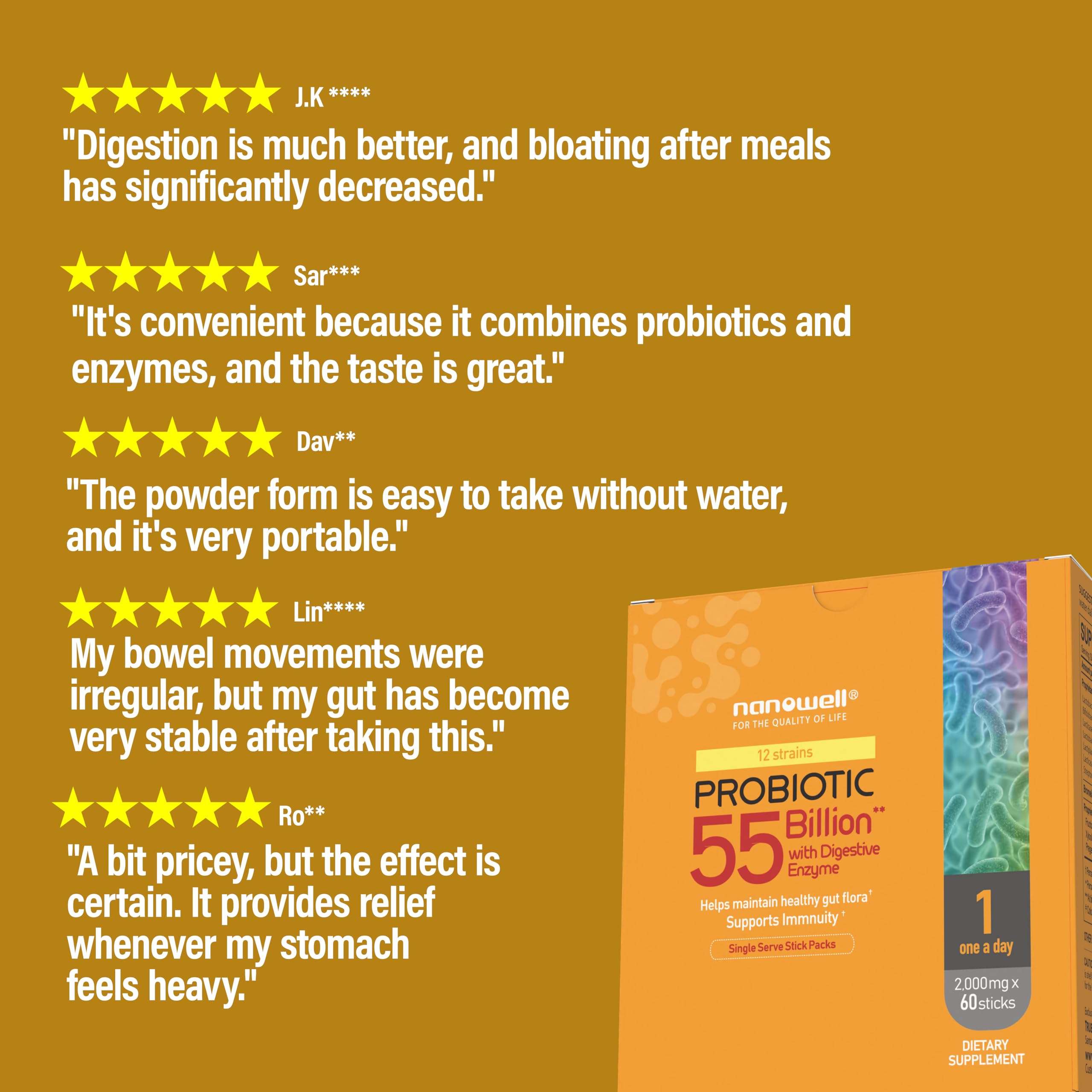 NANOWELL 12 Strains Probiotic 55 Billion CFU with Digestive Enzymes Powder - Immune Support, Gut Health, Probiotics, Prebiotics & Postbiotics - 60 Sticks, 60 Day Supply NANOWELL uk supplements