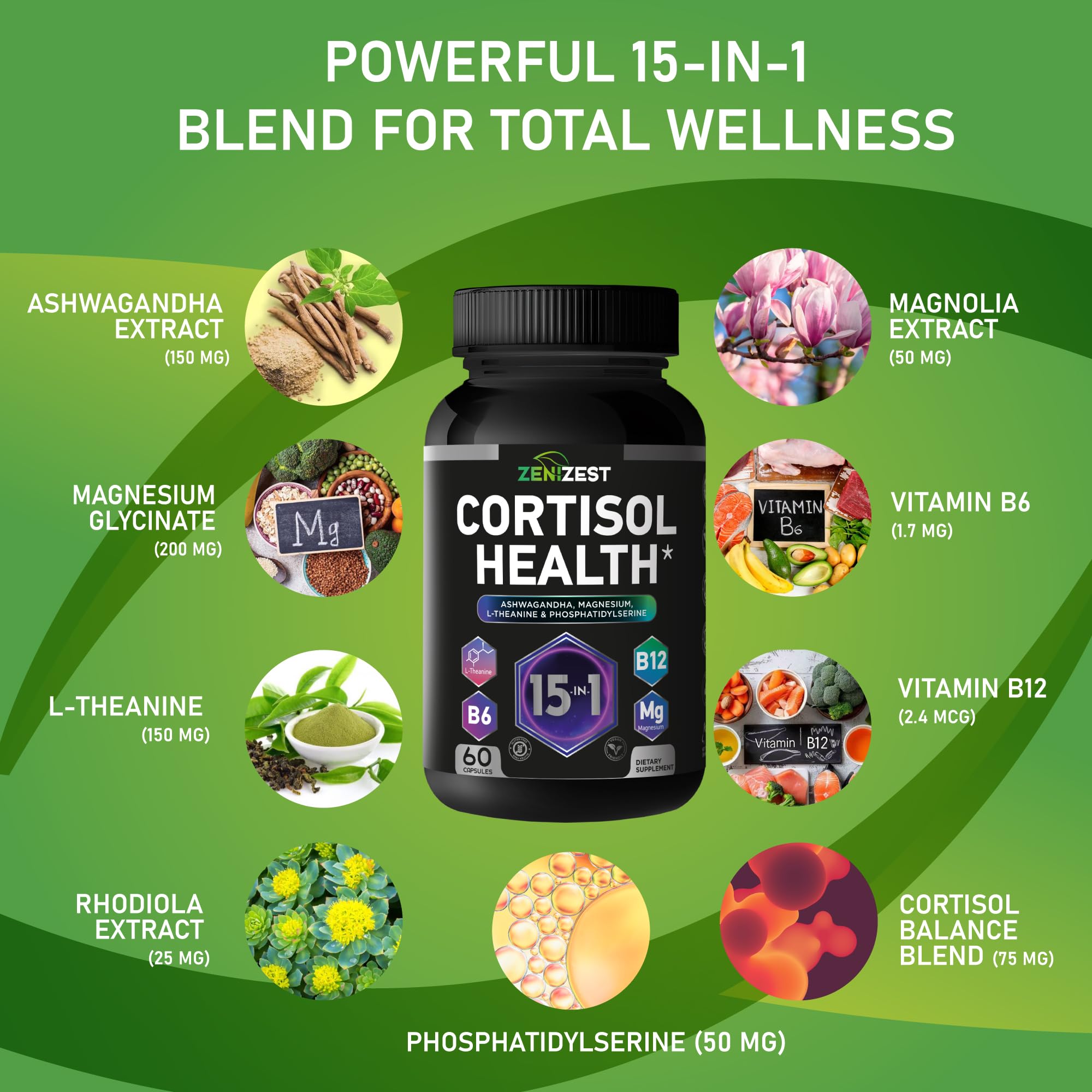 Cortisol Detox Supplement for Women Men - Control & Lower High Cortisol Level - Adrenal Health Balance Cleanse Sleep Stress Support - Magnesium Ashwagandha L-Theanine Cortisol Blocker Reducer ZeniZest uk supplements