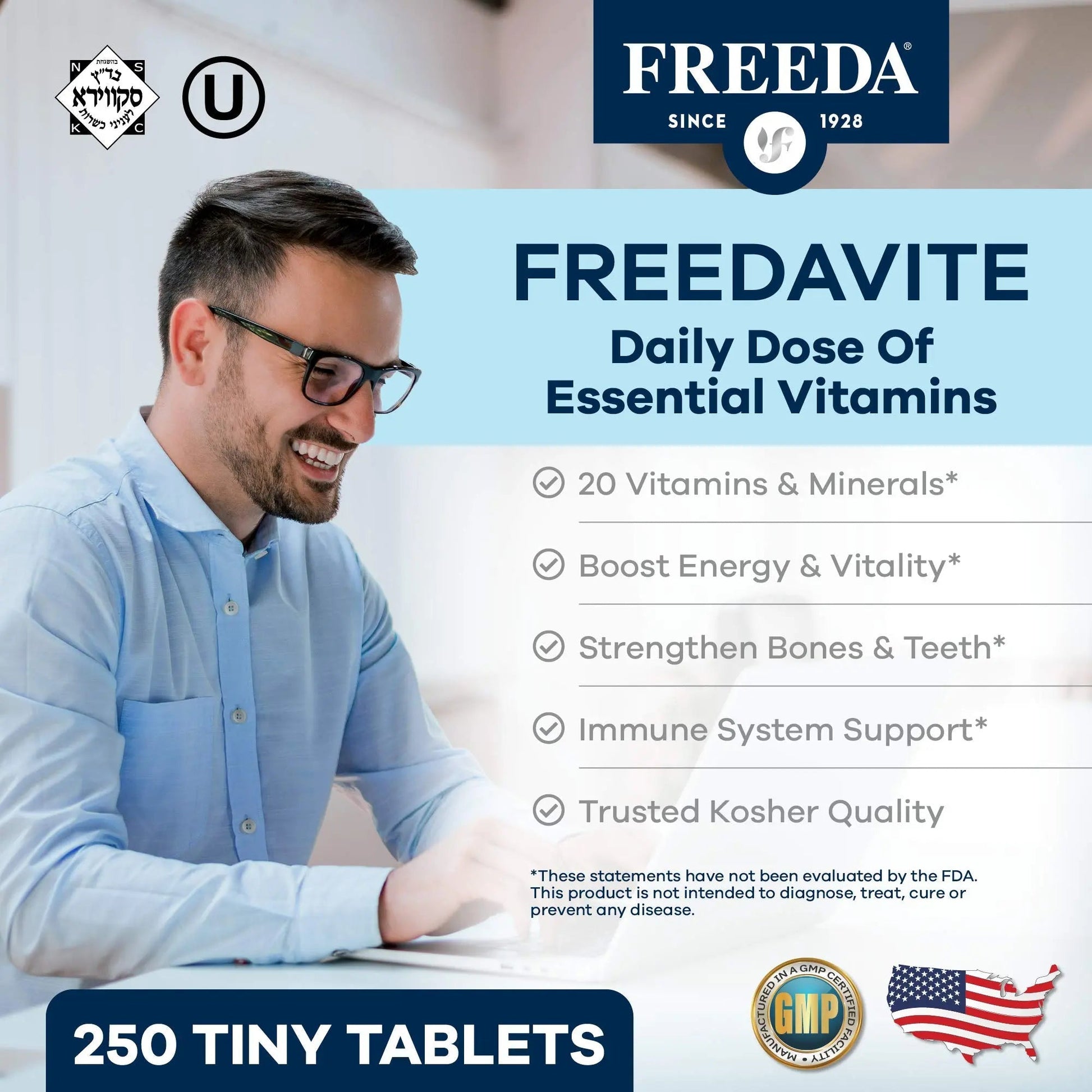 Freedavite Tiny Tablet - Moderate Multivitamin for Men and Women - Pure Vitamin A, C, D, E, B1, B2, B6, B12, Biotin, Calcium, Zinc, Iron, Magnesium FREEDA uk supplements