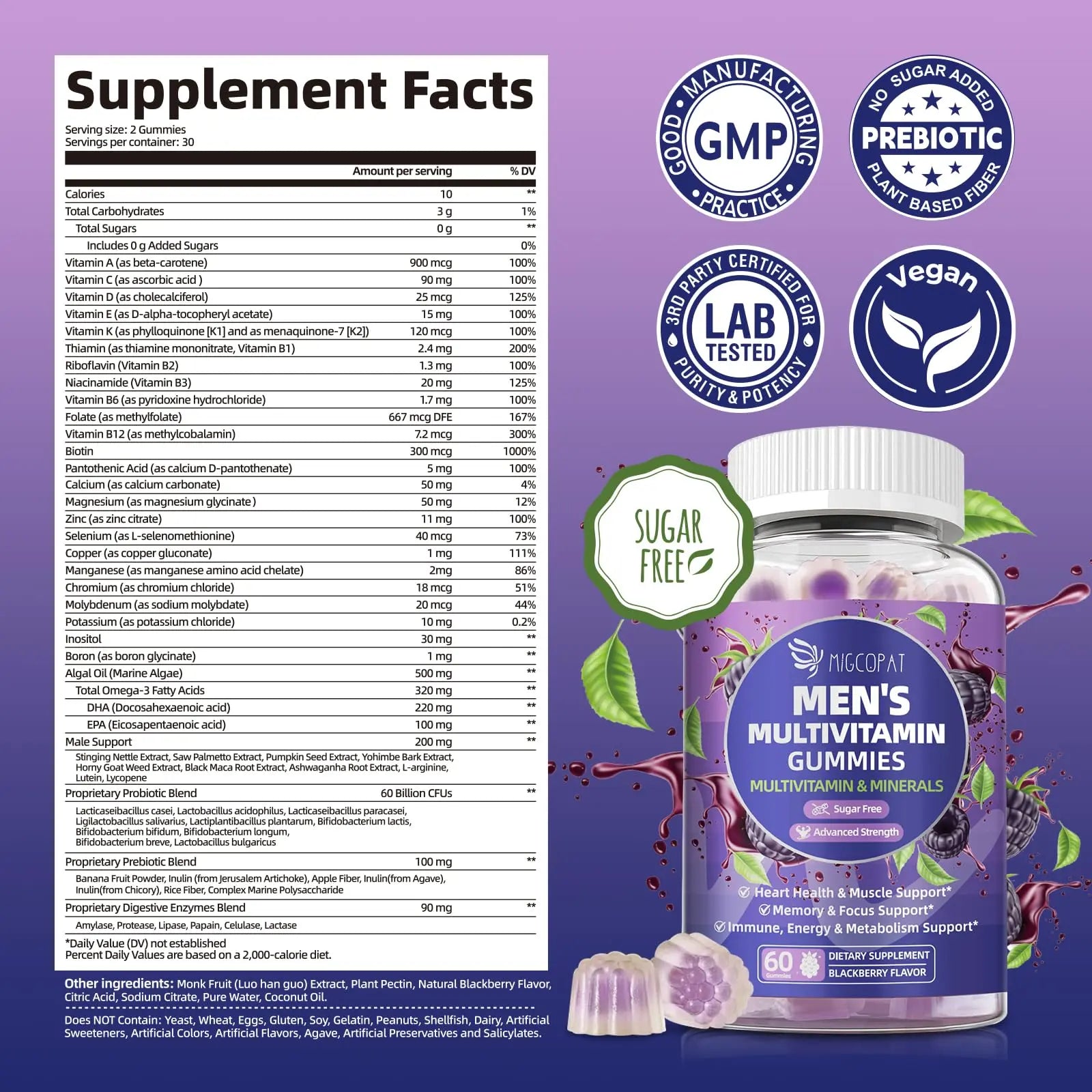 Multivitamin for Men, Mens Multivitamins Gummies w/Omega-3, Probiotics, Inositol, Folate, Biotin, Zinc, Vitamins A, C, D, E, B Migcopat uk supplements