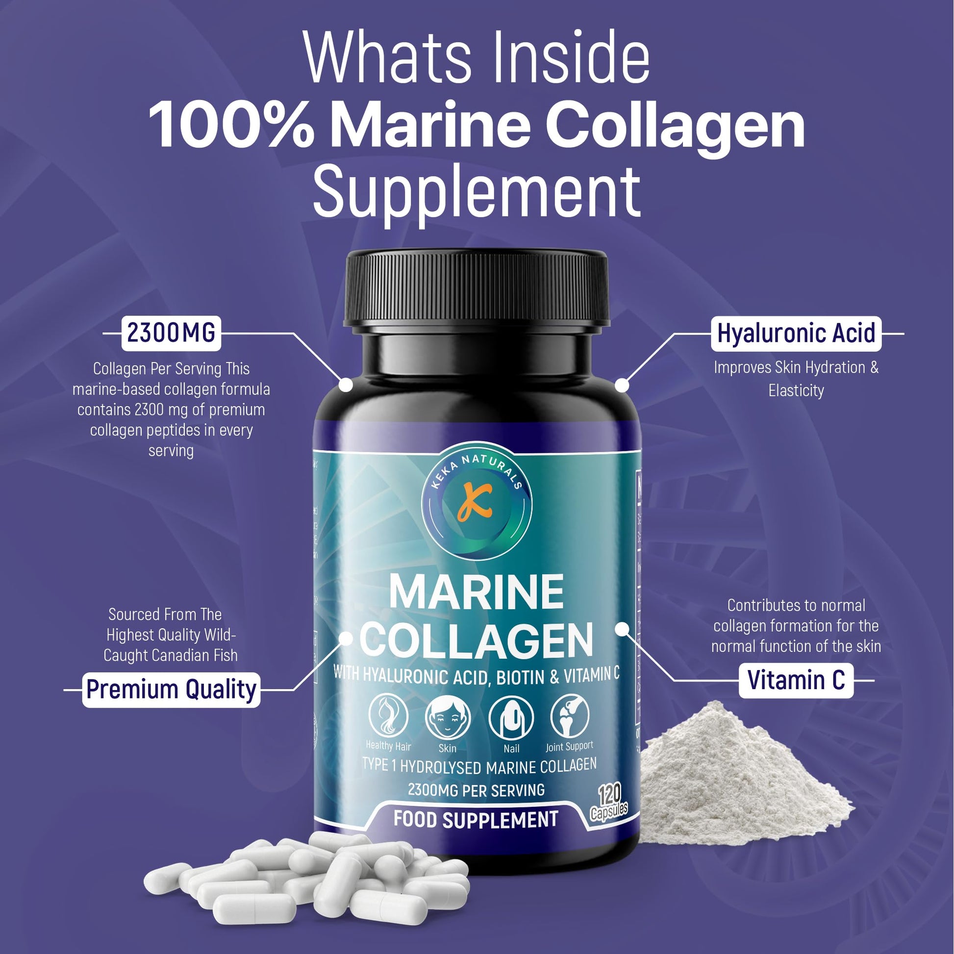 Hydrolysed Marine Collagen Peptides 2300mg - Enhanced with Hyaluronic Acid & Vitamin C Keka Naturals uk supplements