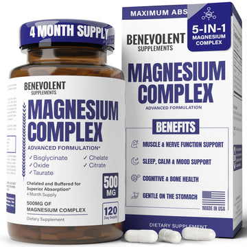 Magnesium Complex Supplement, 4 Month Supply of 500mg 5-in-1 Bisglycinate, Oxide, Taurate, Aspartate, Citrate, Max Absorption Magnesium Supplement for Calm, Sleep & Leg Cramps, 120 Capsule Benevolent Nourishment uk supplements