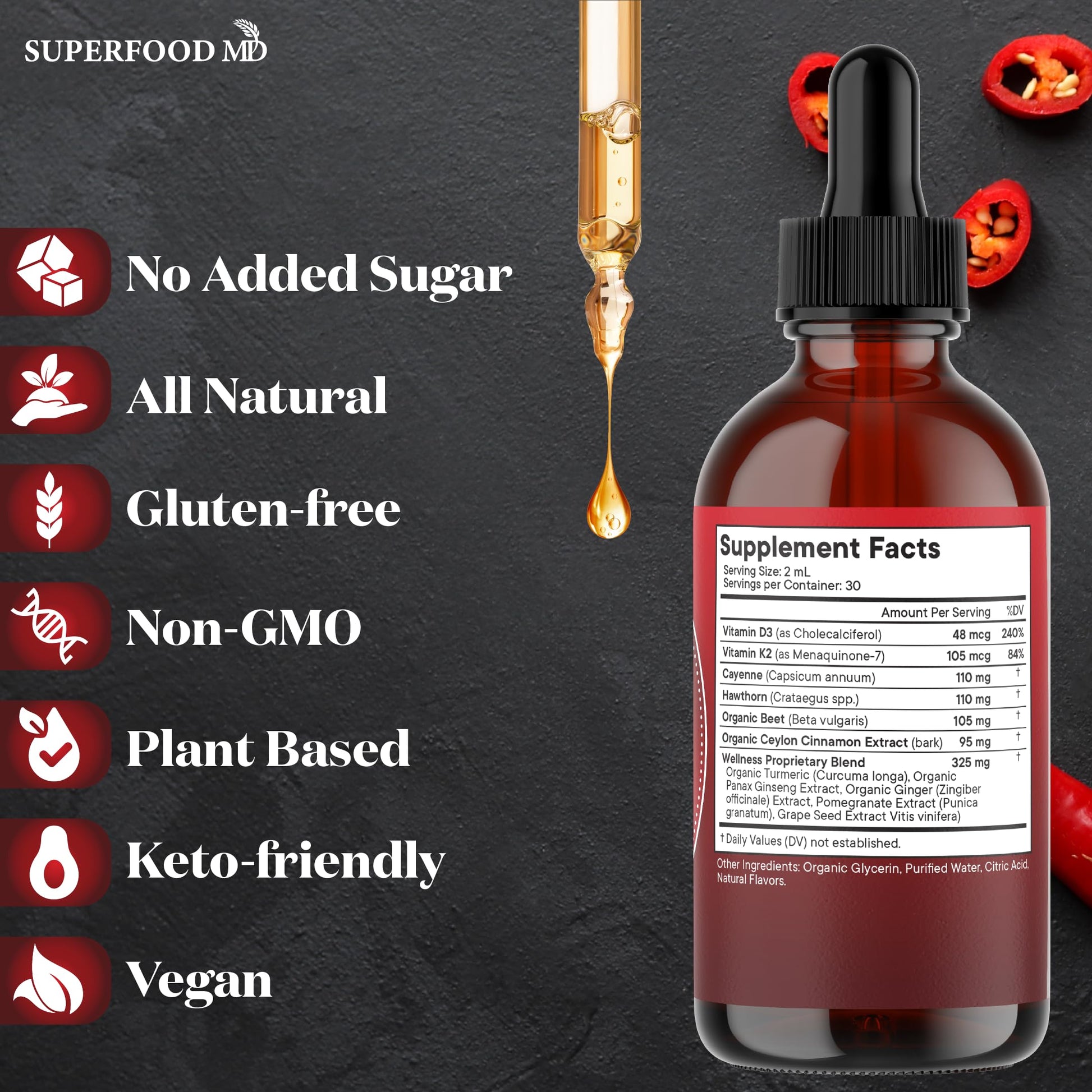Cayenne Pepper Supplement Liquid Drops + Hawthorn Berry, Vitamin D3 K2 Beet Root Powder, Ceylon Cinnamon, Turmeric Curcumin, Organic Panax Ginseng - 4 OZ Superfood MD uk supplements