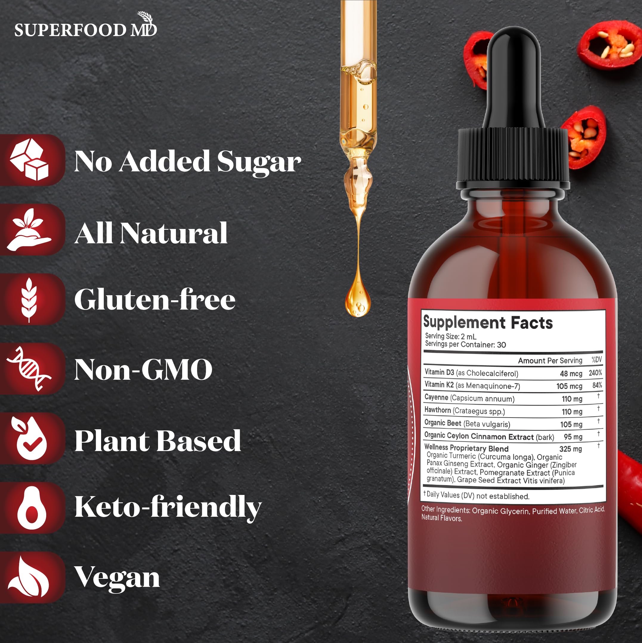 Cayenne Pepper Supplement Liquid Drops + Hawthorn Berry, Vitamin D3 K2 Beet Root Powder, Ceylon Cinnamon, Turmeric Curcumin, Organic Panax Ginseng - 4 OZ Superfood MD uk supplements