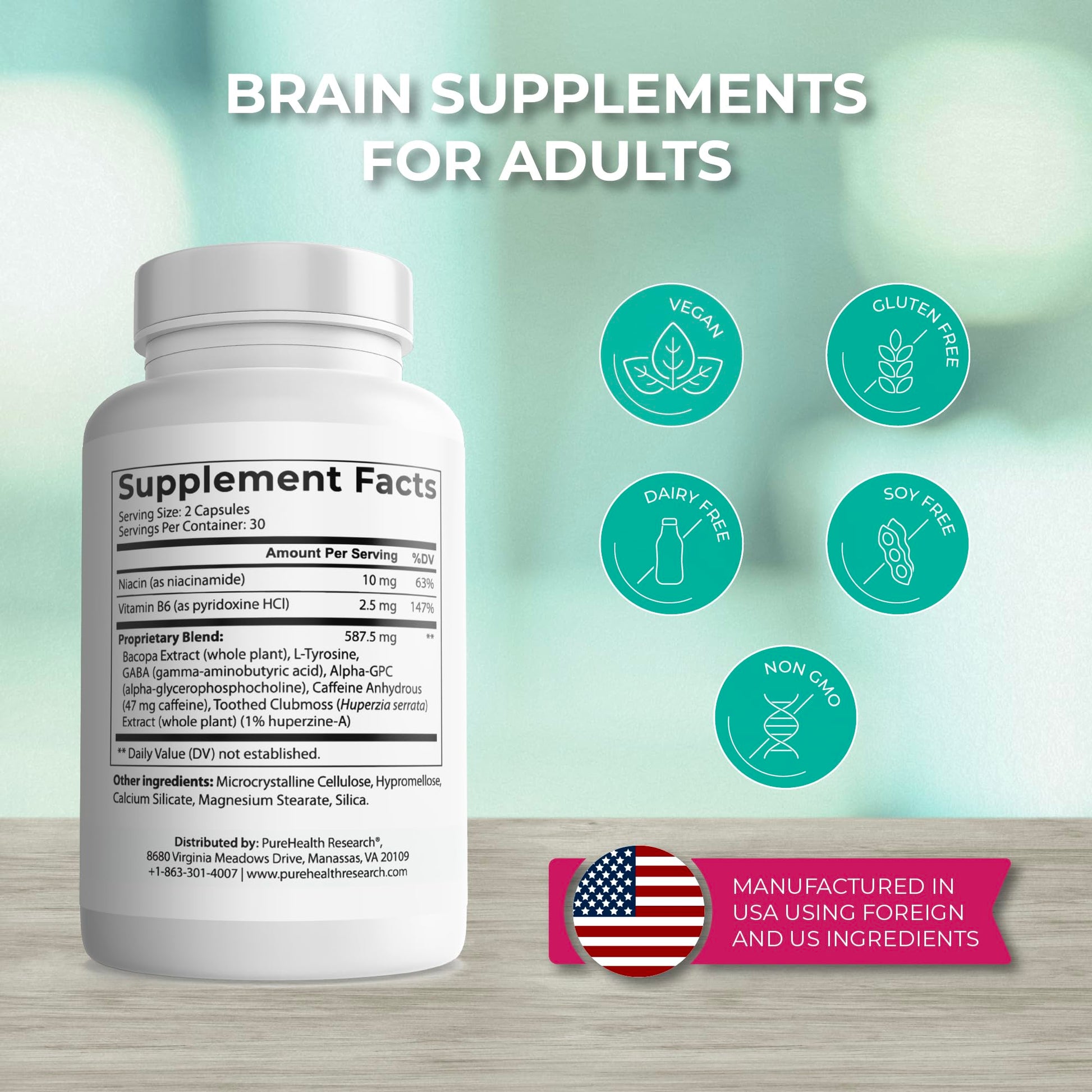 PUREHEALTH RESEARCH Ageless Brain Supplements for Memory and Focus - Nootropic Brain Health Supplement for Adults - with Bacopa Monieri, Alpha GPC, L-Tyrosine, Vitamin B6, Niacin & More, 60 Capsules PUREHEALTH RESEARCH uk supplements