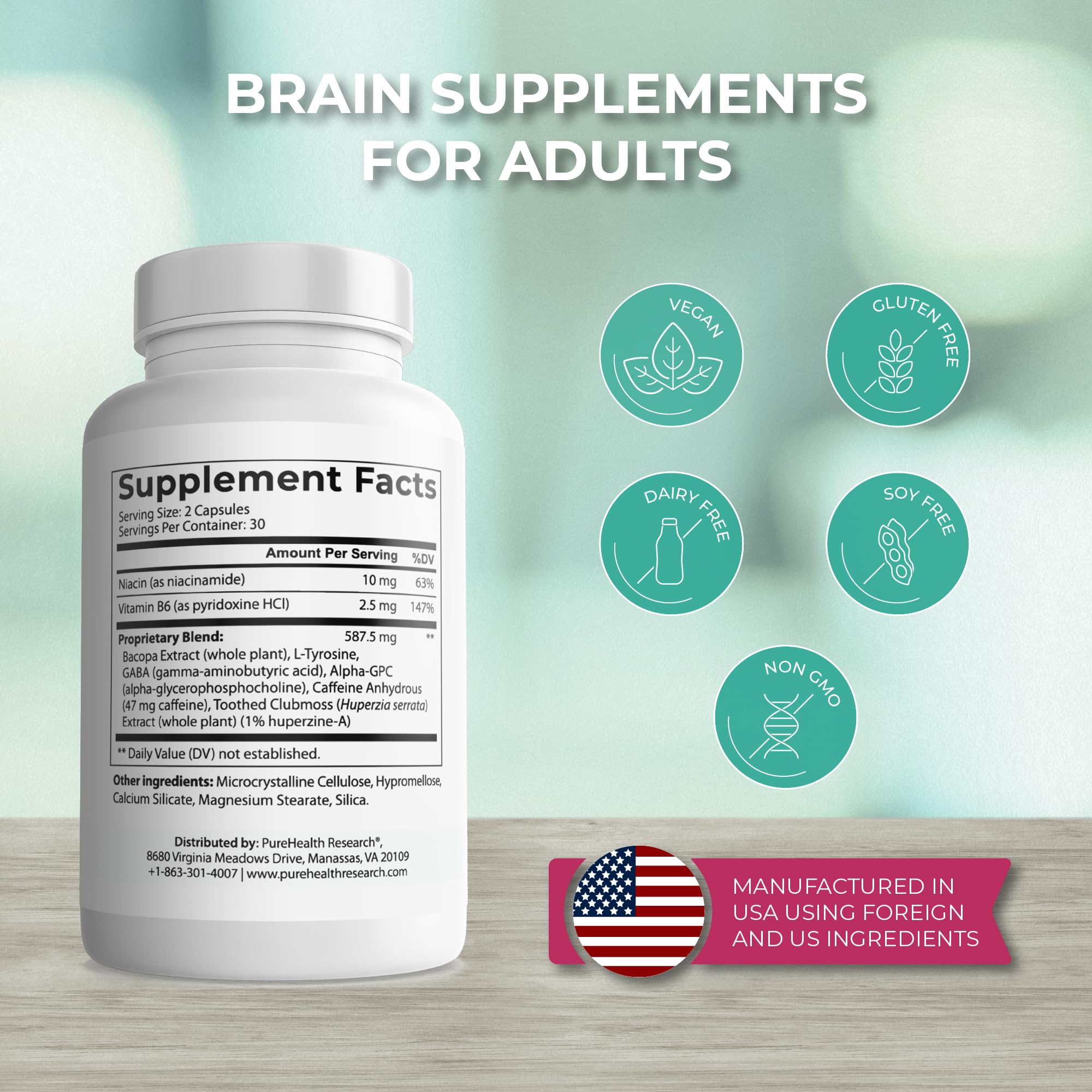PUREHEALTH RESEARCH Ageless Brain Supplements for Memory and Focus - Nootropic Brain Health Supplement for Adults - with Bacopa Monieri, Alpha GPC, L-Tyrosine, Vitamin B6, Niacin & More, 60 Capsules PUREHEALTH RESEARCH uk supplements