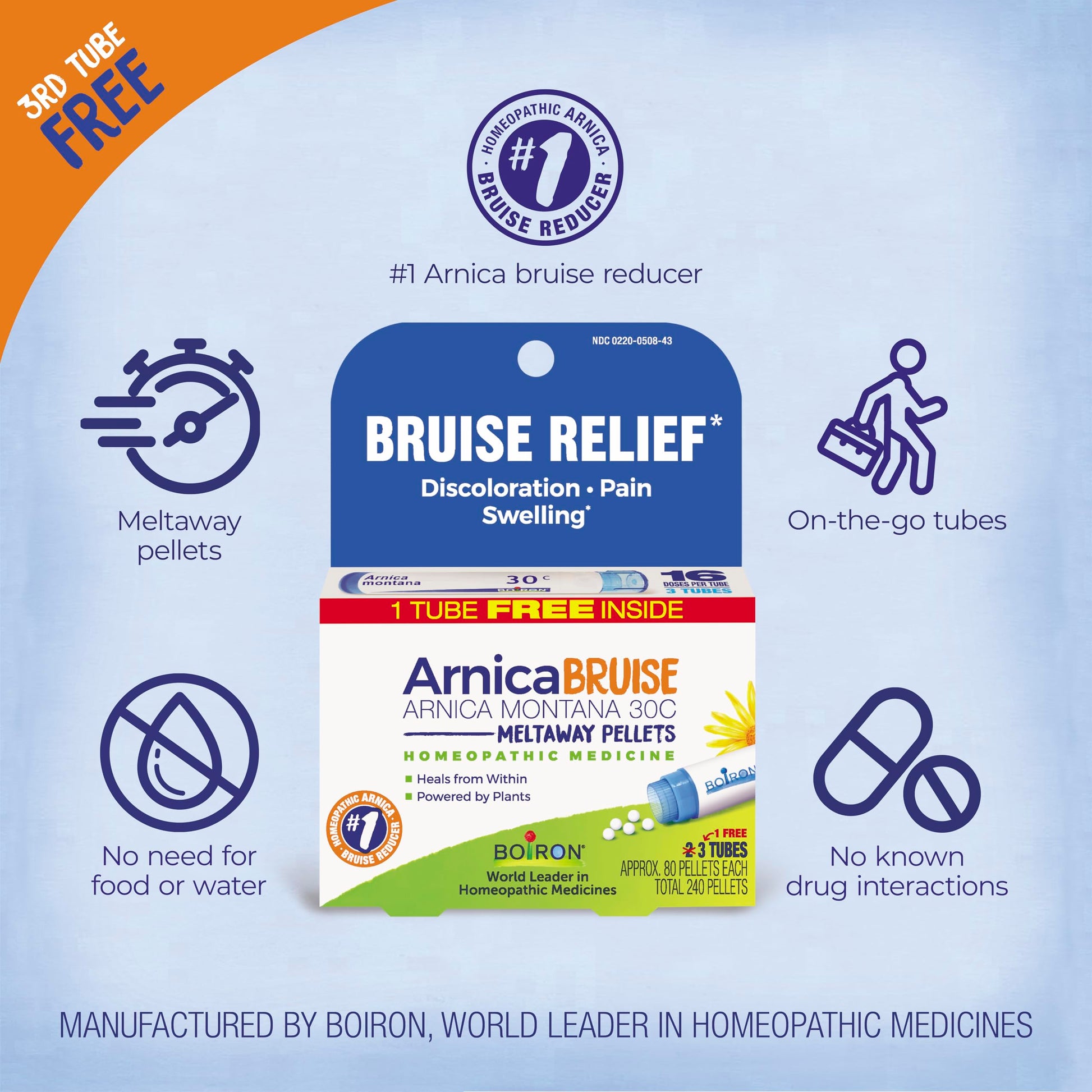 Boiron Arnica Bruise - Arnica Montana 30c for Relief of Pain, Swelling, and Discoloration from Bruises - 3 Count (240 Pellets) Boiron uk supplements