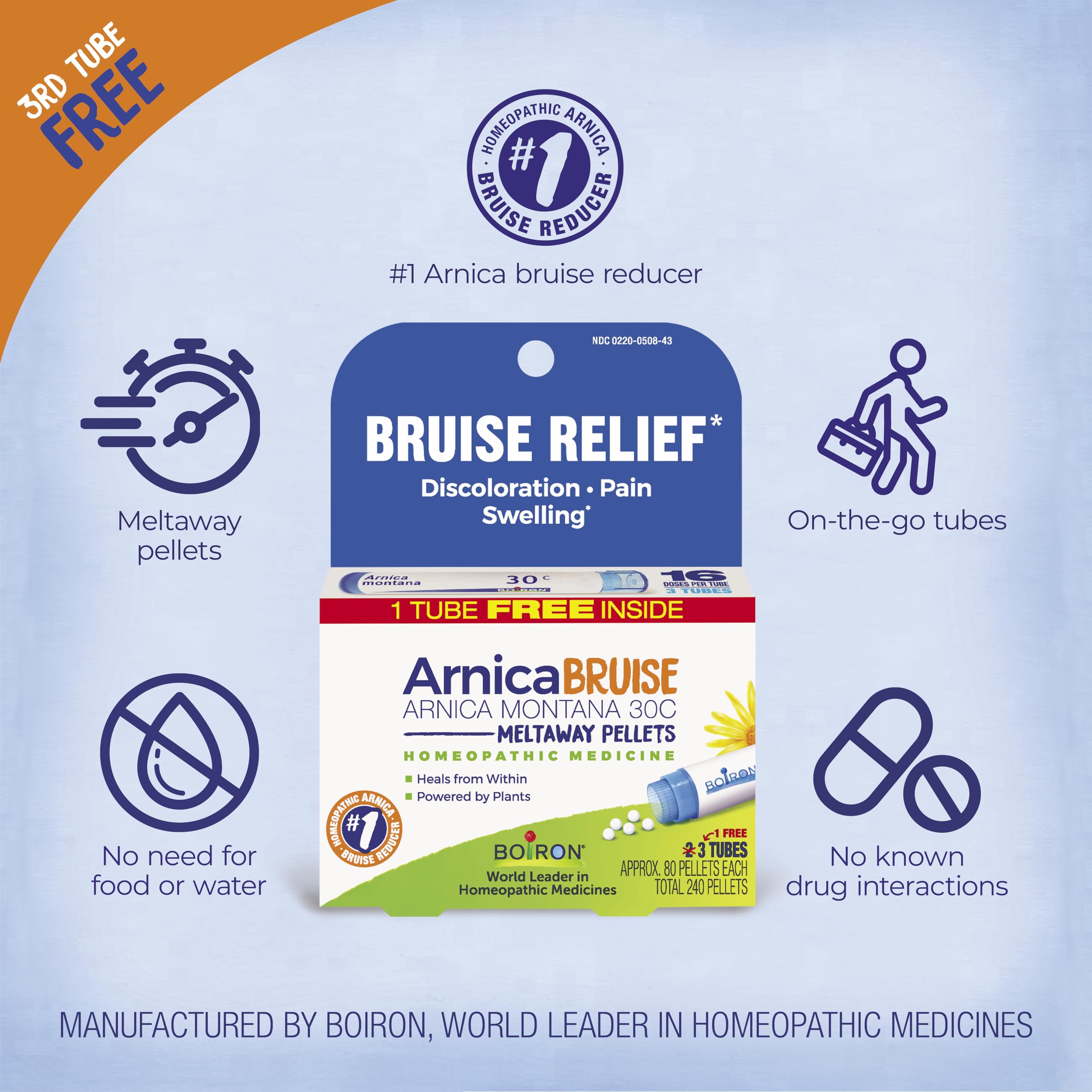 Boiron Arnica Bruise - Arnica Montana 30c for Relief of Pain, Swelling, and Discoloration from Bruises - 3 Count (240 Pellets) Boiron uk supplements