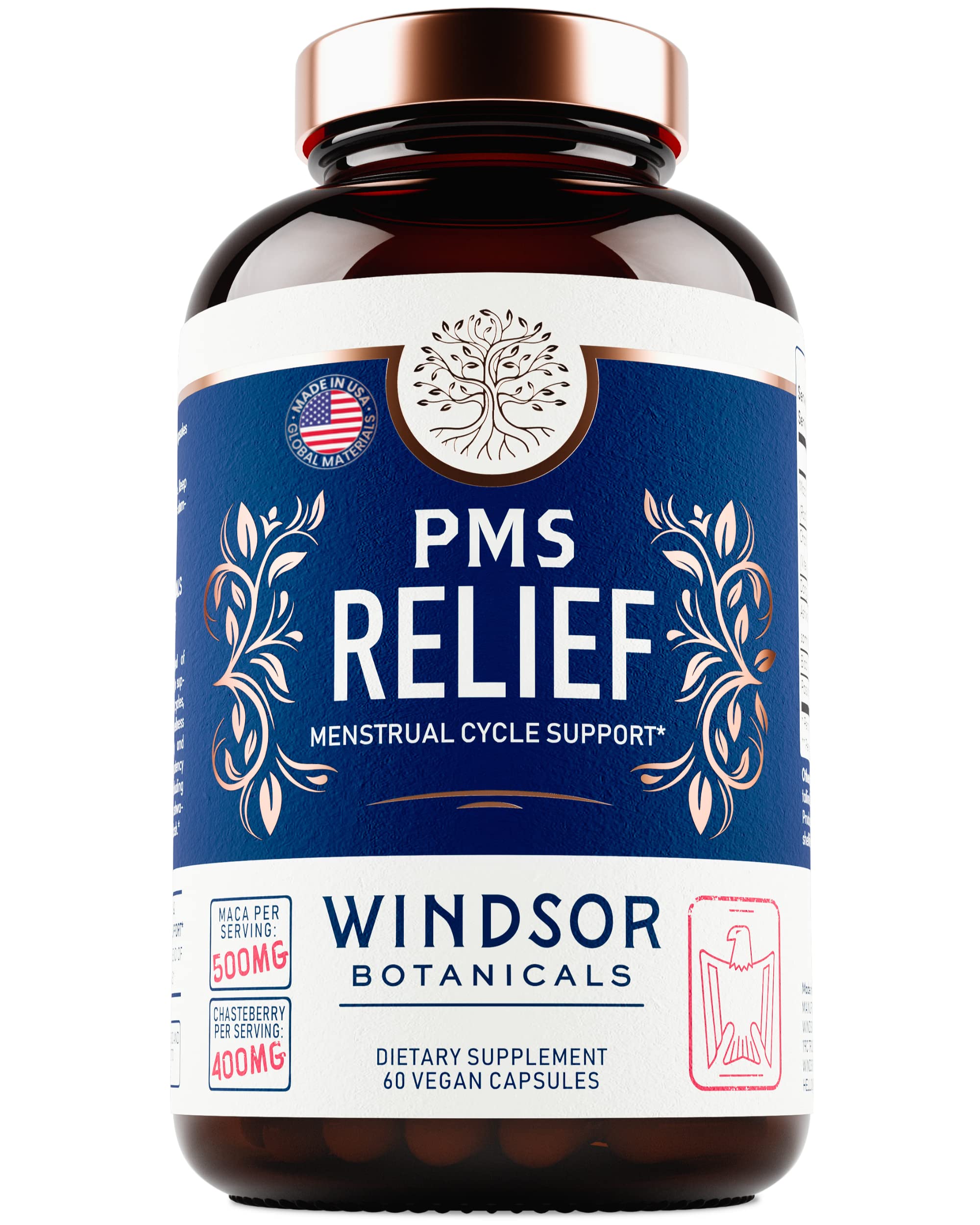 PMS Support Supplement for Women with Chasteberry, Maca Root, Ashwagandha - Period Relief, Bloating Relief for Women, Mood Support, Hormone Balance Herbal Supplements - 30 Day, 60 Vegan Capsules WINDSOR BOTANICALS uk supplements