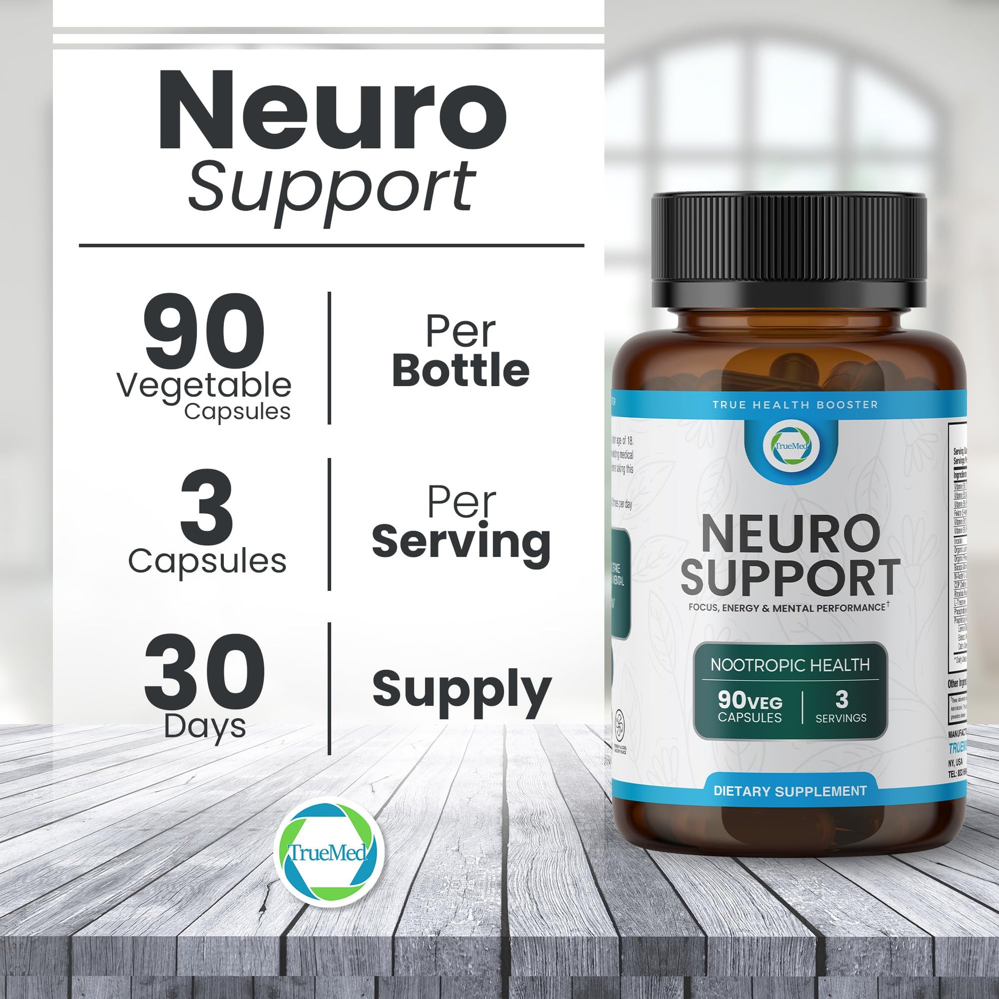 TrueMed Neuro Support - Premium Nootropic Supplement for Focus, Energy, Mental Clarity, and Performance Organic Lion’s Mane, Bacopa Monnieri, Rhodiola, Non-GMO Gluten-Free CDP Choline 90 Veg Capsules TRUEMED uk supplements